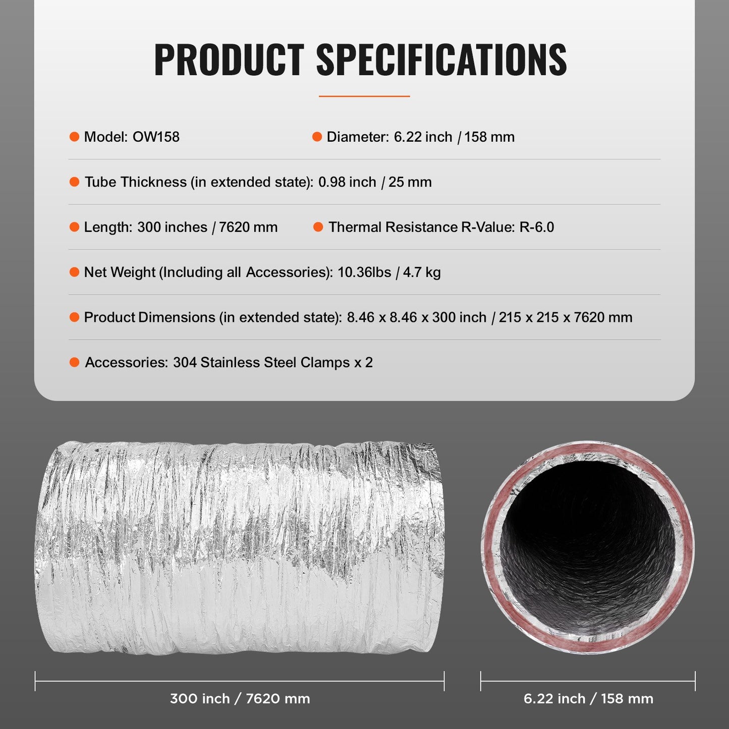 VEVOR Dryer Vent Hose, 152.4MM Insulated Flexible Duct 7.62M Long with 2 Duct Clamps,