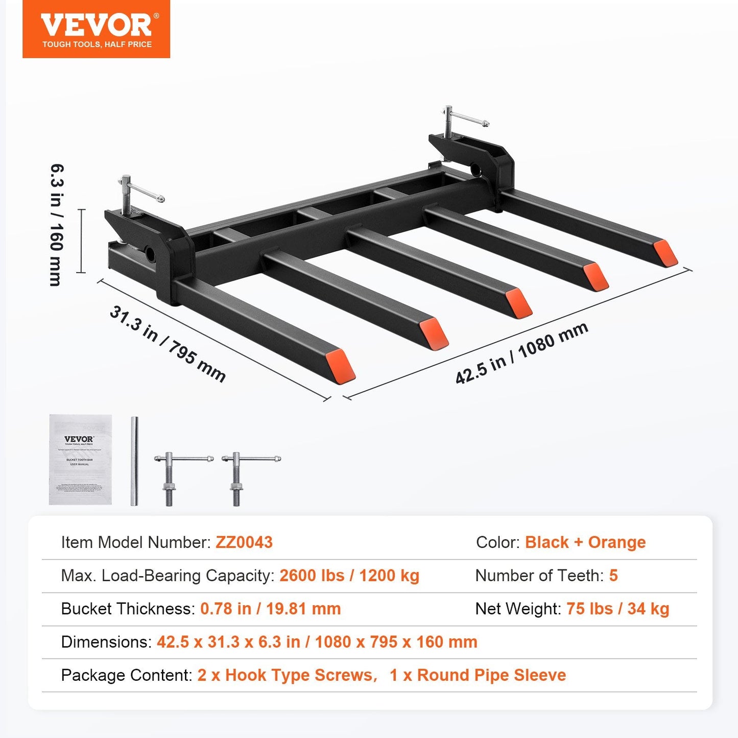 Heavy Duty Clamp-On Debris Forks for 1.2 m Bucket, 1200 kg Capacity, 5 Teeth