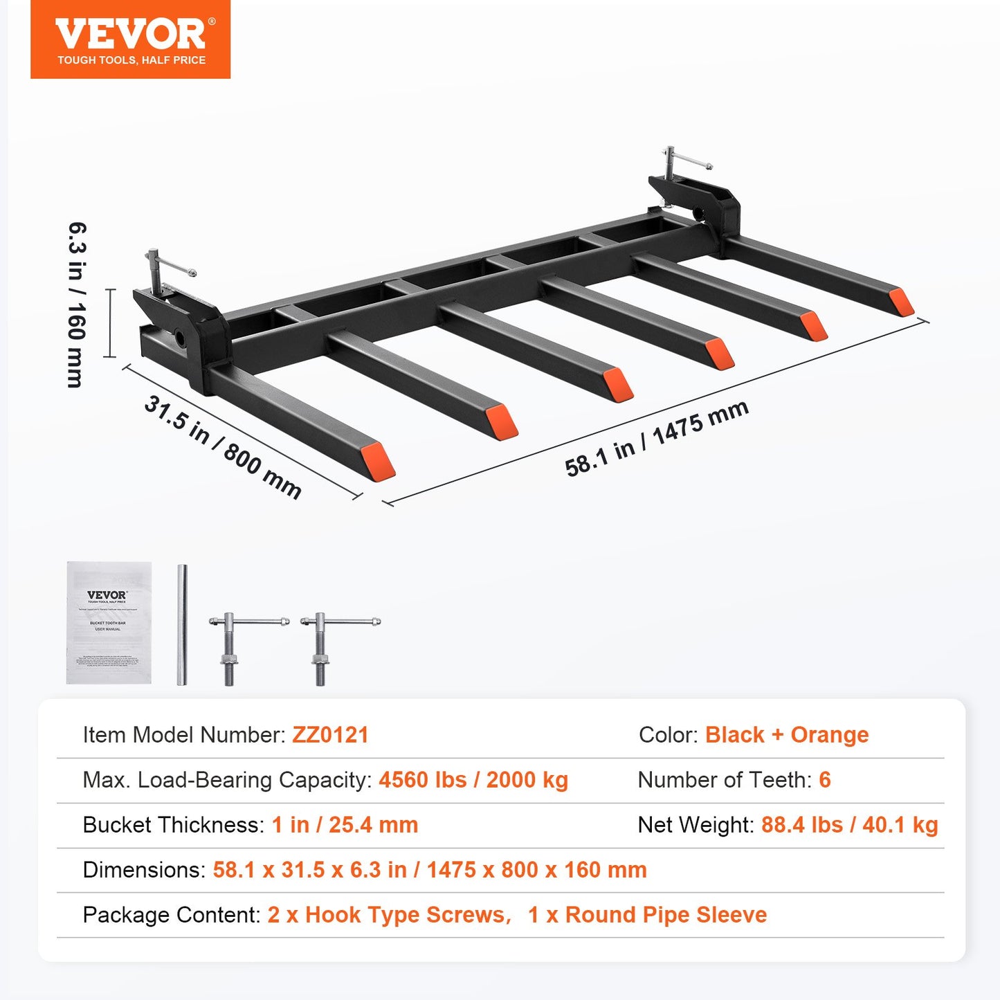 VEVOR Clamp on Debris Forks to 1500 mm Bucket, 2000 kg Capacity Heavy Duty Clamp