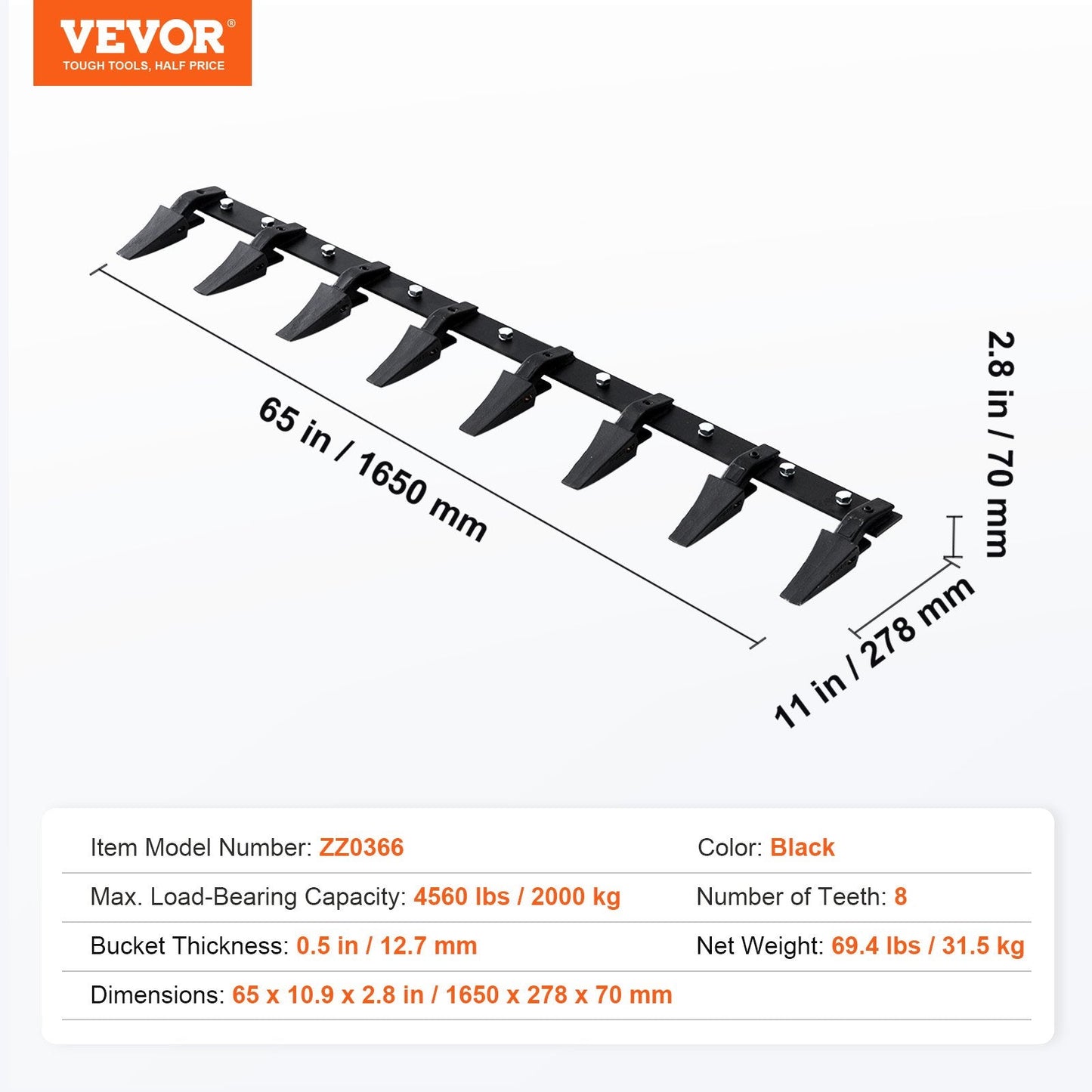 Heavy Duty 1.65m Tractor Tooth Bar, 8 Teeth, 2000kg Capacity for Loaders