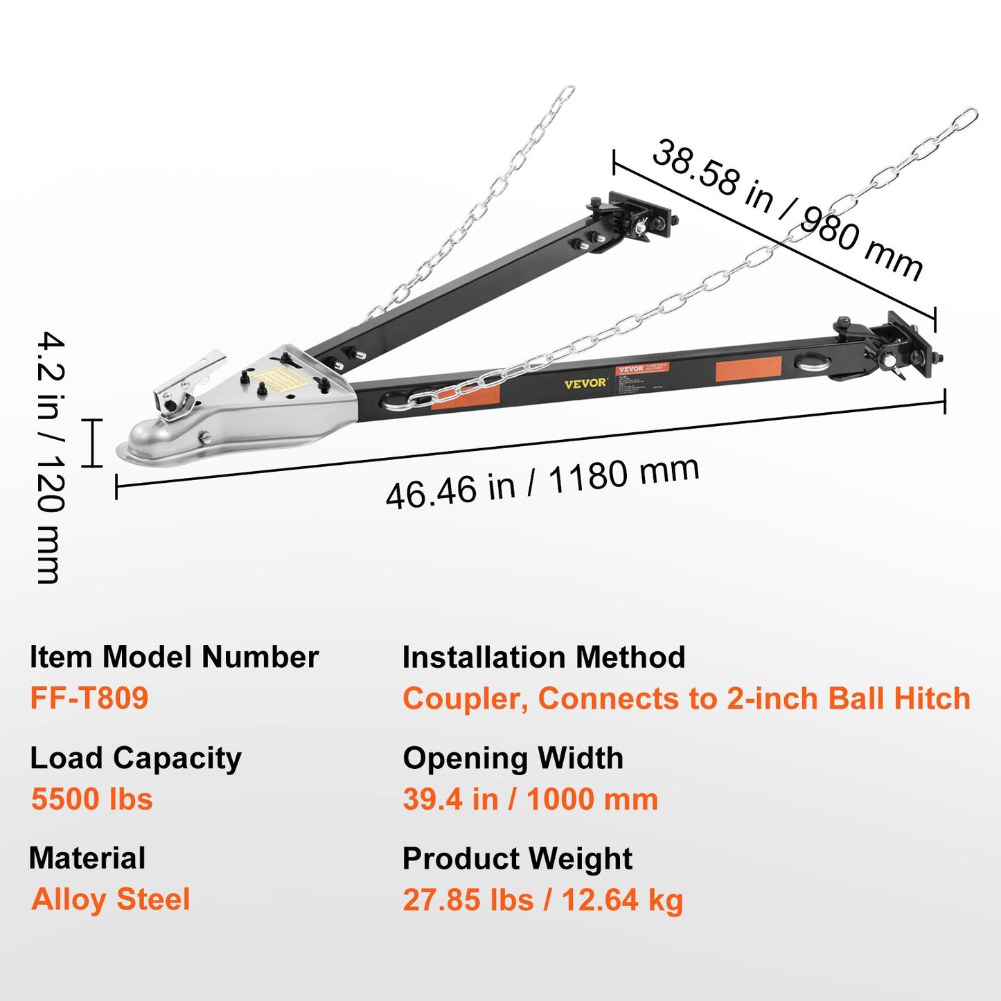 VEVOR Tow Bar, 2495 kg Towing Capacity with Chains, Powder-Coating Alloy Steel Bumper-Mounted
