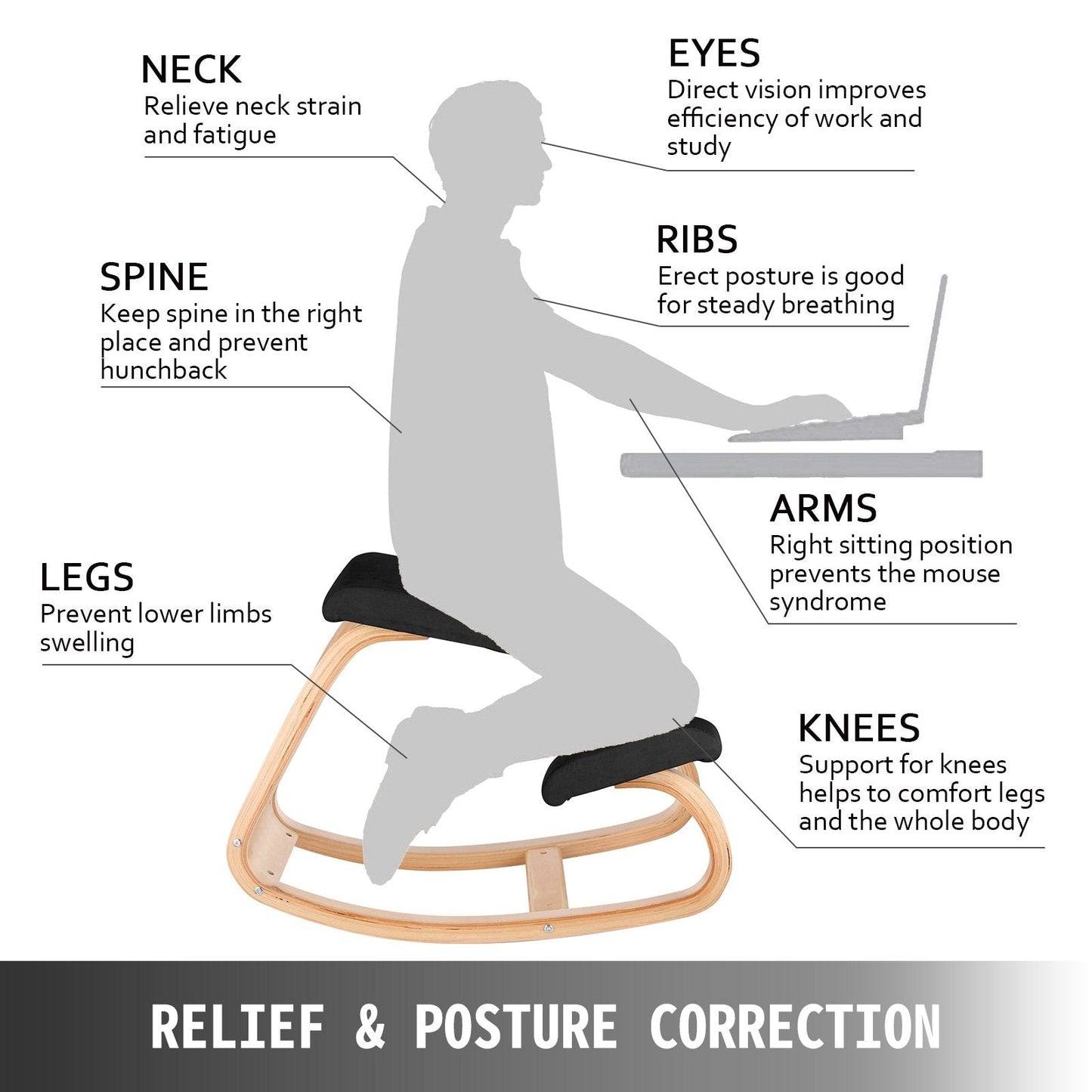 Ergonomic Wooden Kneeling Chair with Memory Foam Cushions, 150 kg Capacity