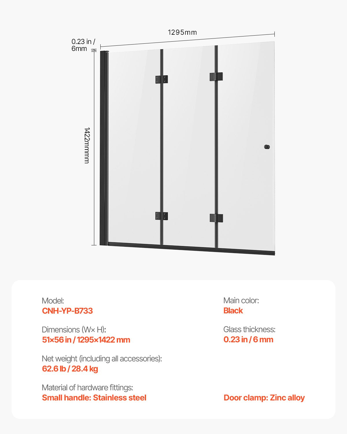 VEVOR Bathtub Shower Door 1295 x 1422 mm Frameless Foldable Tub Shower Door
