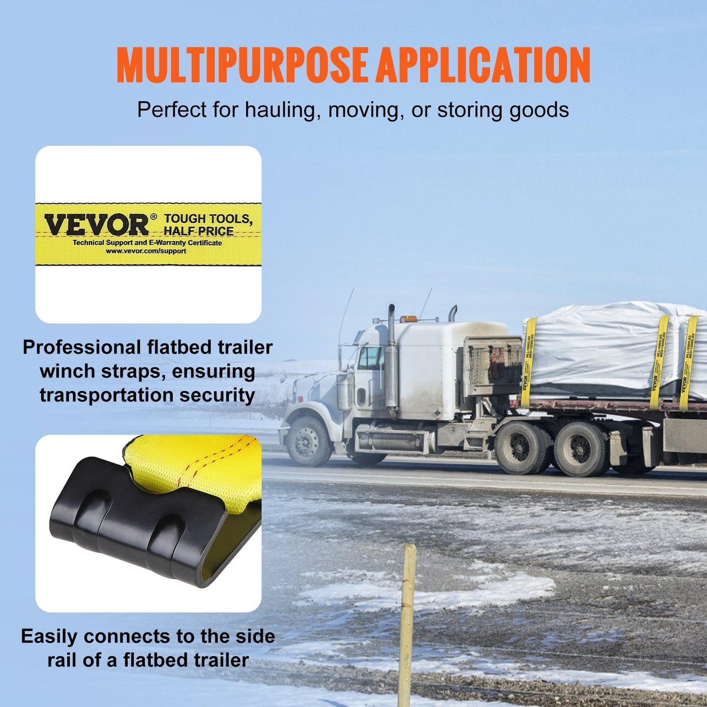 VEVOR Winch Straps, 10.2 cm x 9.1 m, 2.7T Load Capacity, 8.2T Break Strength, Truck