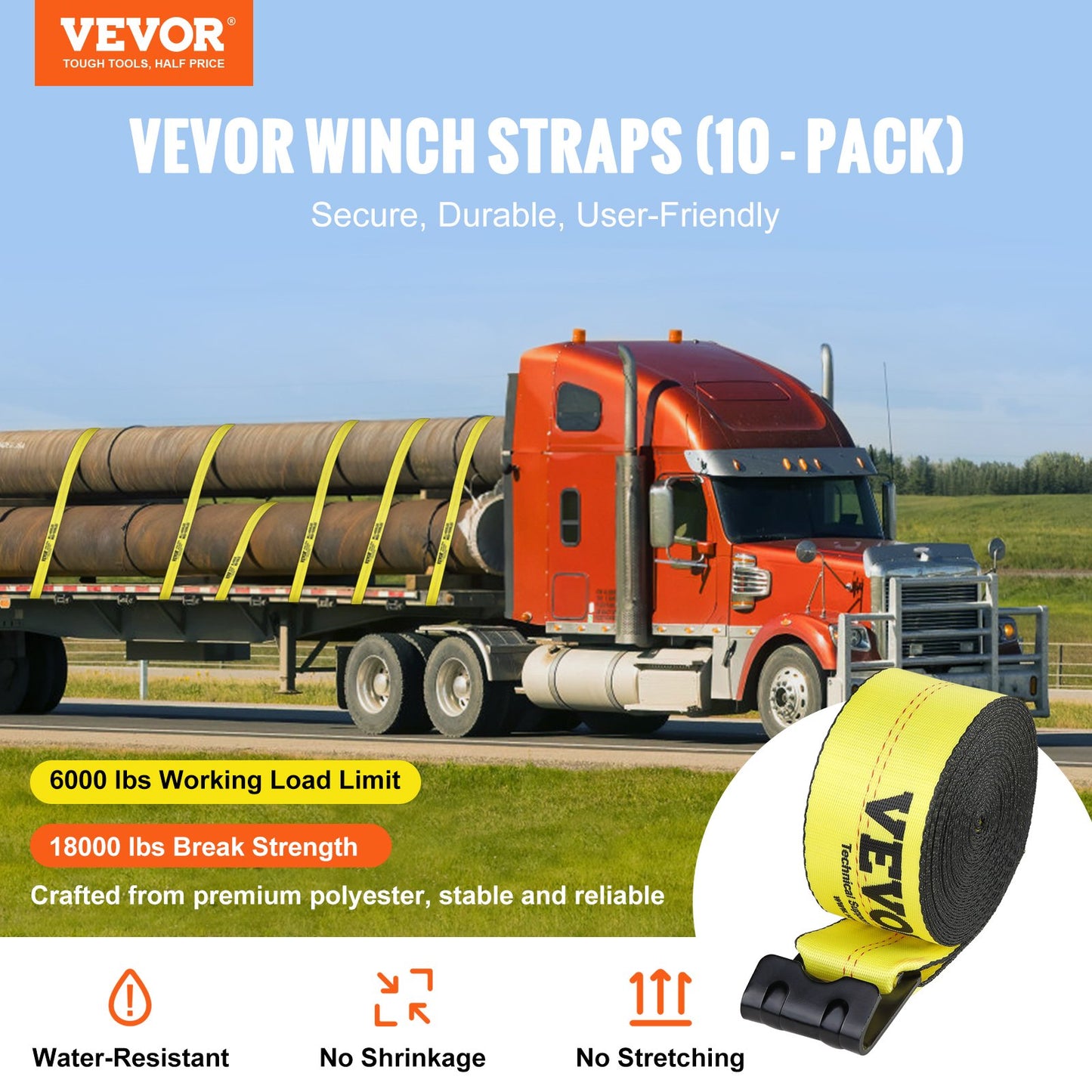 VEVOR Winch Straps, 10.2 cm x 12.2 m, 2.7T Load Capacity, 8.2T Break Strength, Truck