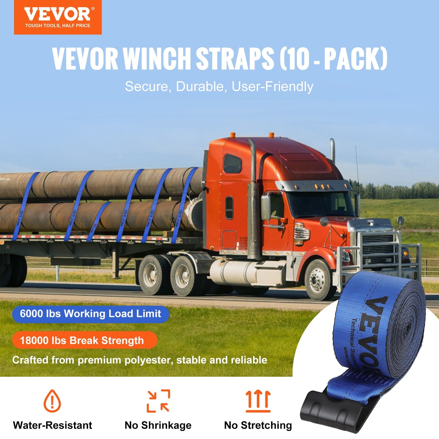VEVOR Winch Straps, 10.2 cm x 9.1 m, 2.7T Load Capacity, 8.2T Breaking Strength,