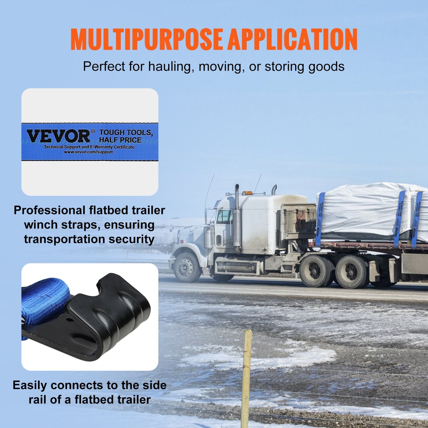 VEVOR Winch Straps, 10.2 cm x 9.1 m, 2.7T Load Capacity, 8.2T Breaking Strength,