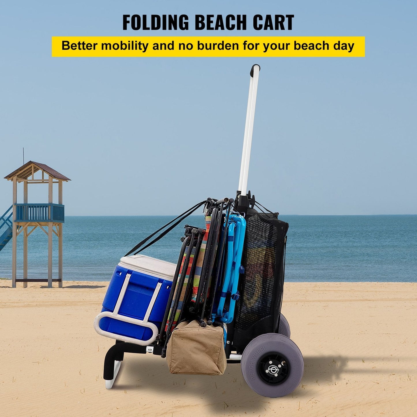 Foldable Beach Cart with PVC Balloon Wheels, Adjustable Height, 75 kg Capacity