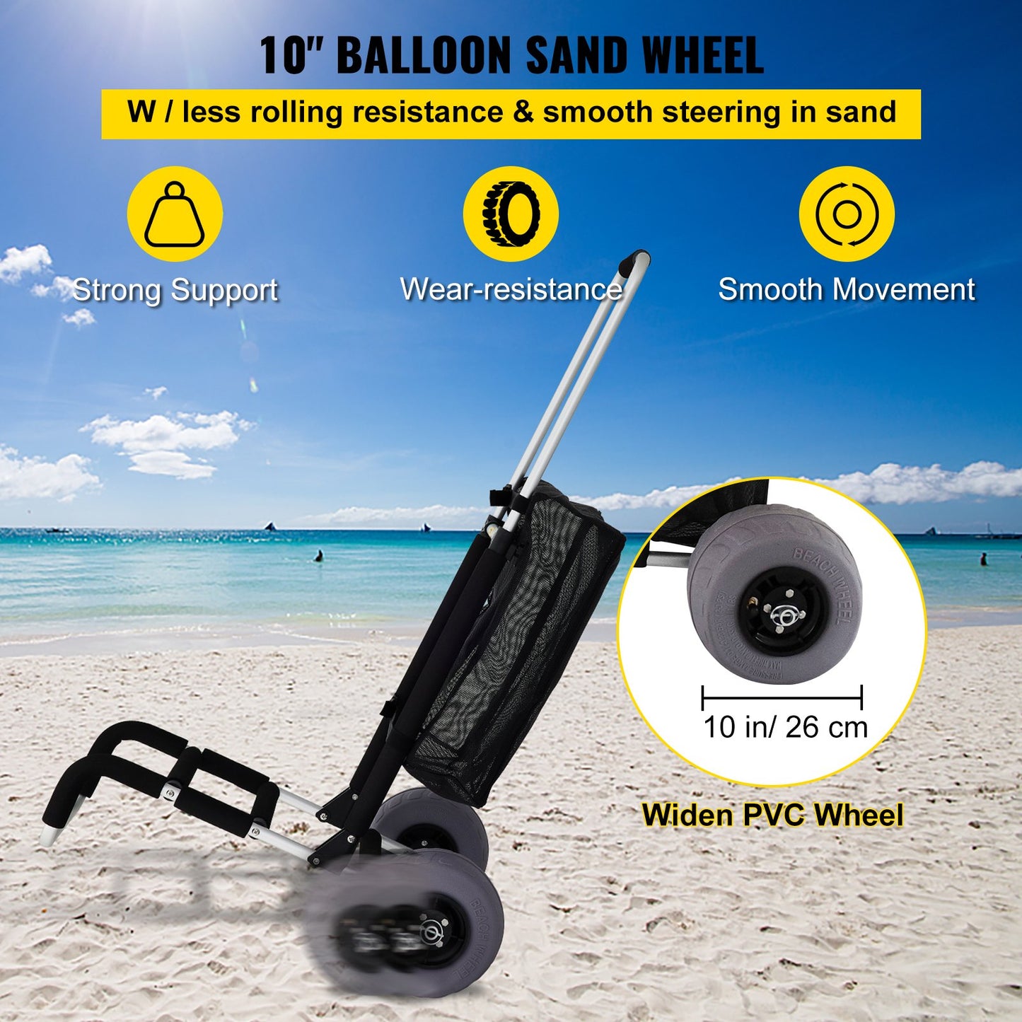 VEVOR Beach Carts for Sand, with 10\" PVC Balloon Wheels, 15\" x 15\" Cargo Deck,