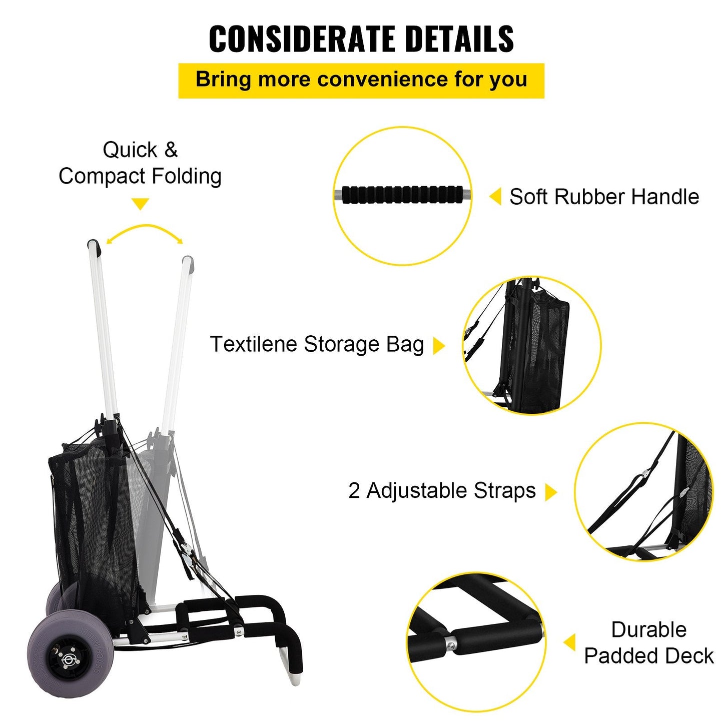 Foldable Beach Cart with PVC Balloon Wheels, Adjustable Height, 75 kg Capacity
