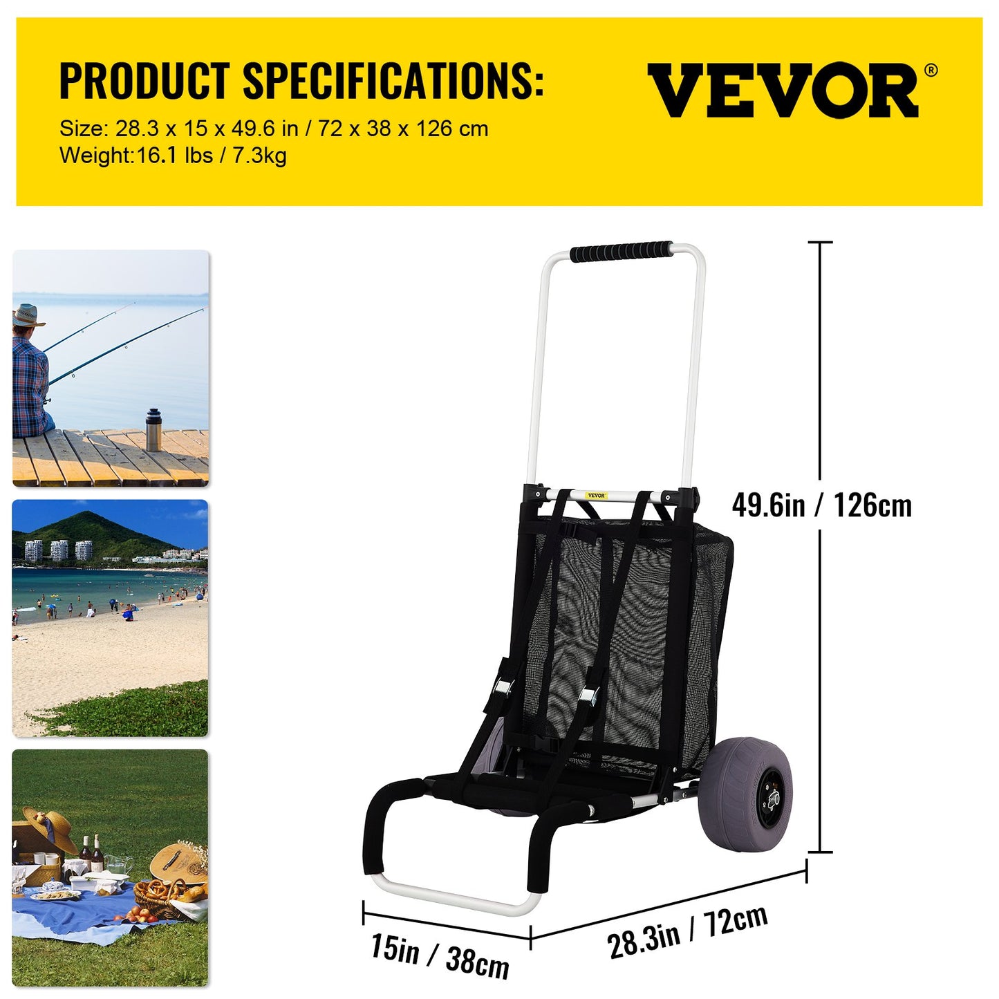 VEVOR Beach Carts for Sand, with 10\" PVC Balloon Wheels, 15\" x 15\" Cargo Deck,