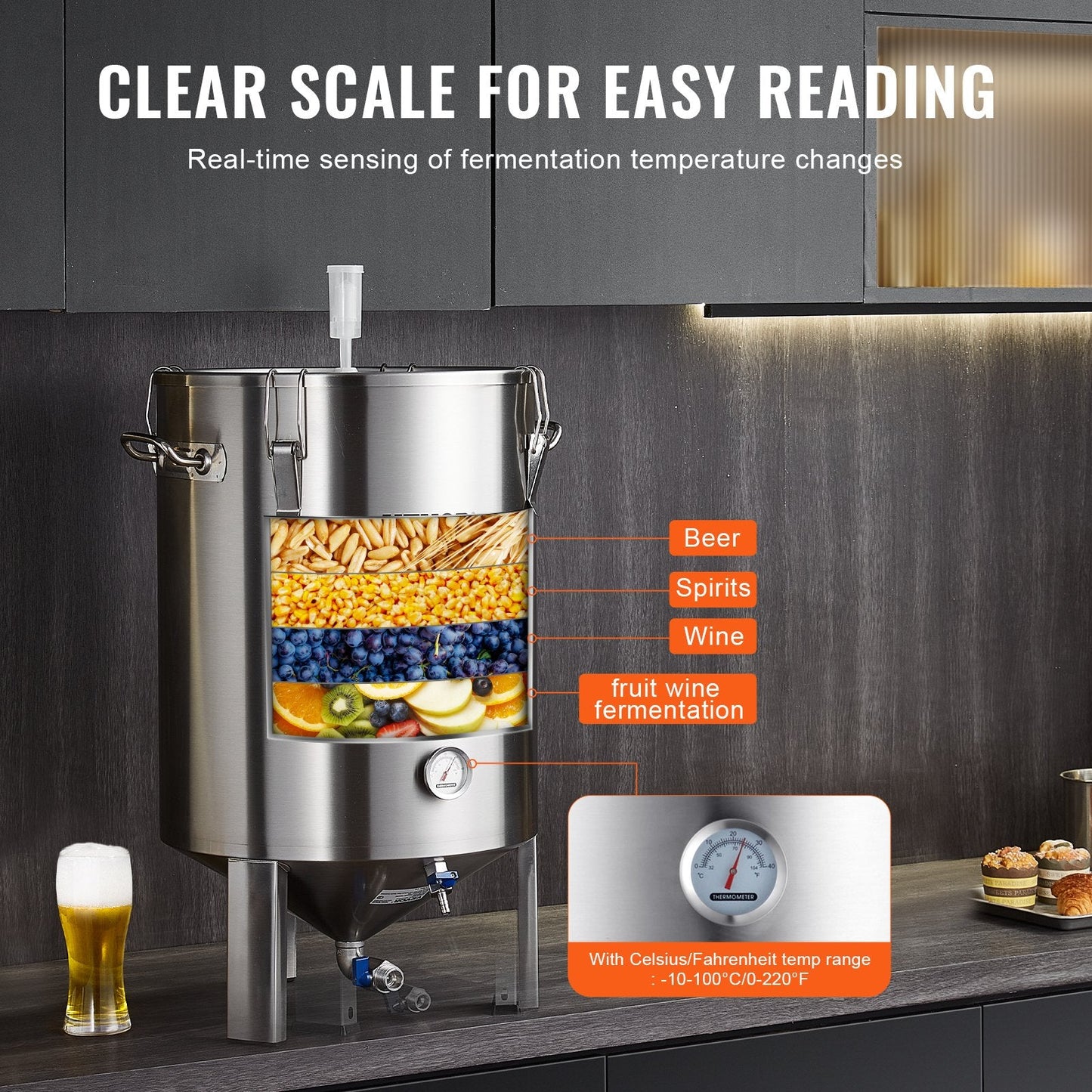60L Stainless Steel Beer Brewing Kettle with Thermometer and Accessories