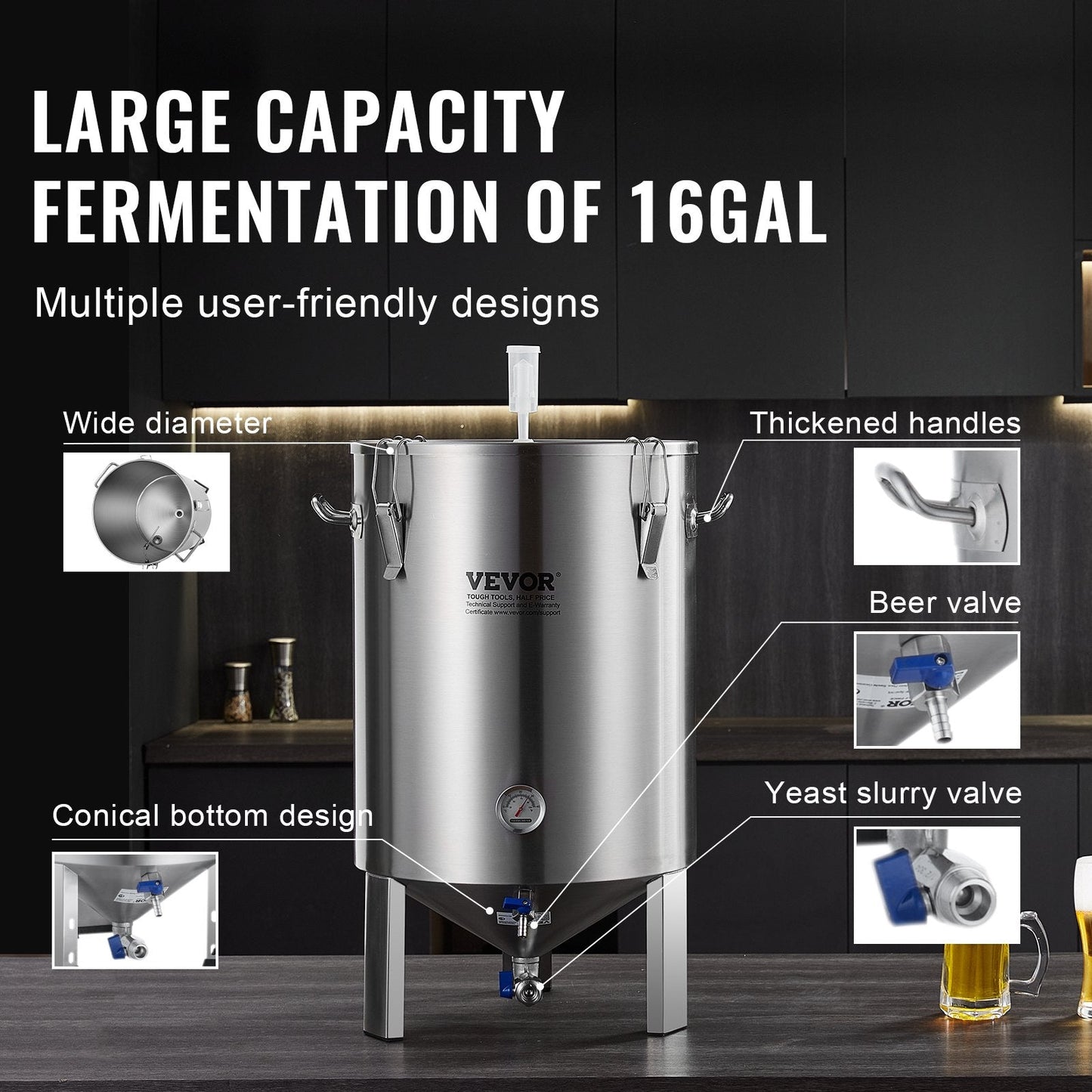 60L Stainless Steel Beer Brewing Kettle with Thermometer and Accessories