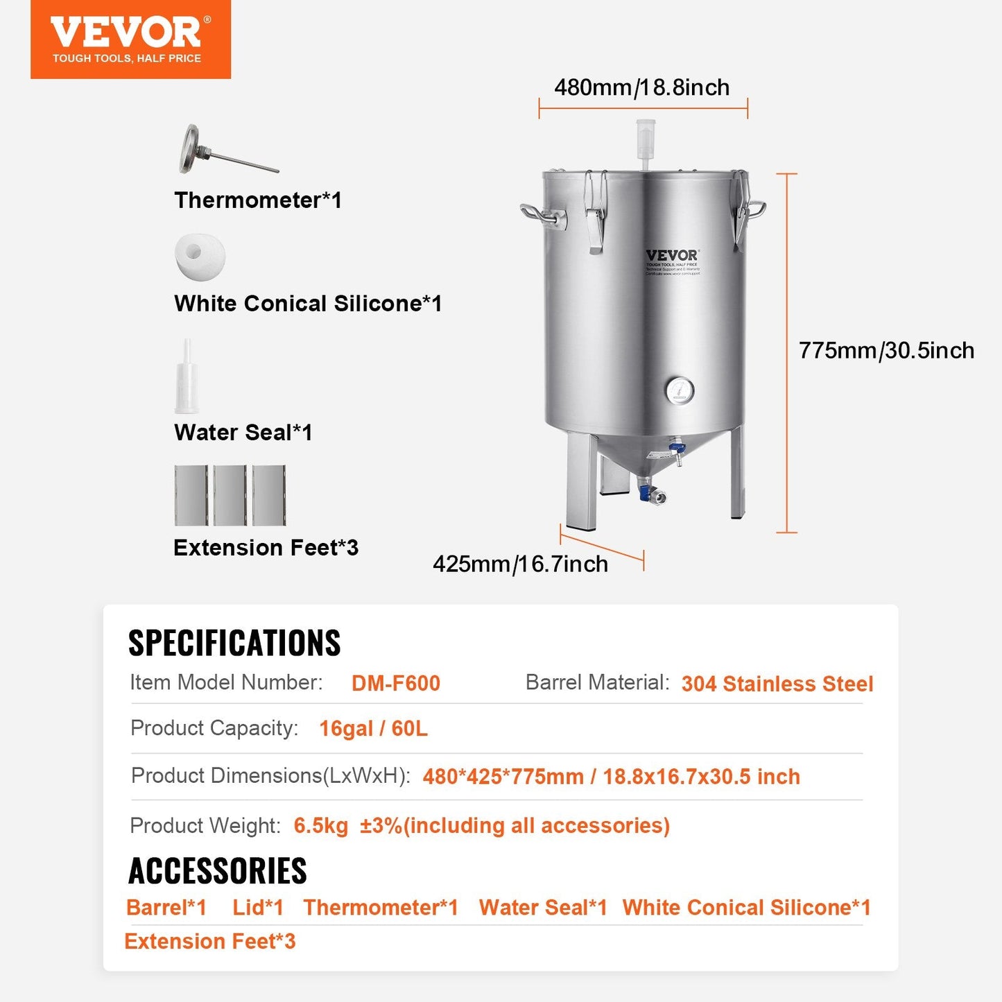 60L Stainless Steel Beer Brewing Kettle with Thermometer and Accessories