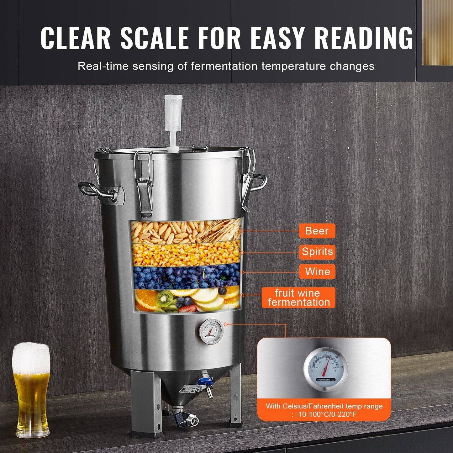 8 Gallon (30L) Stainless Steel Beer Brew Fermentor with Thermometer & Spigot