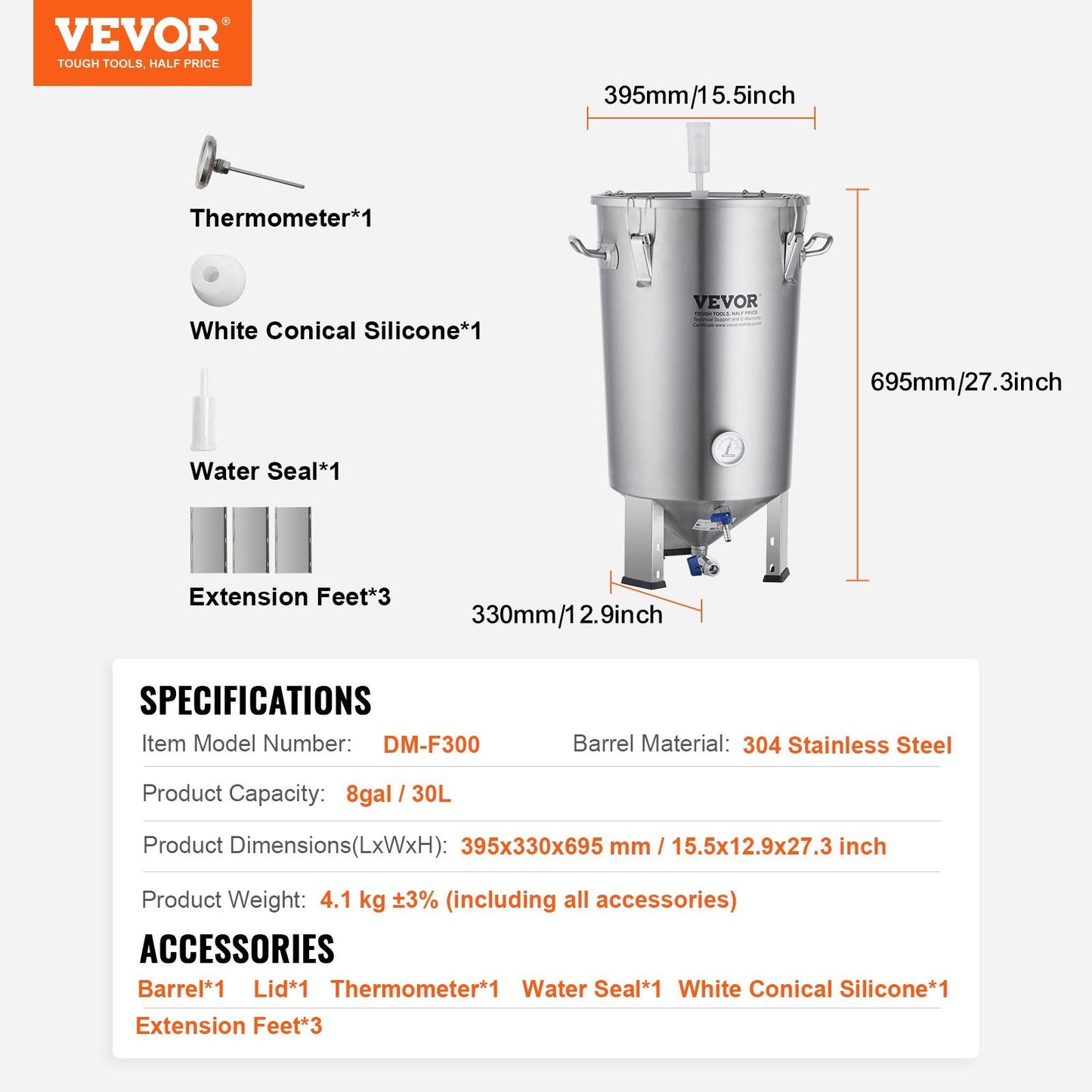 8 Gallon (30L) Stainless Steel Beer Brew Fermentor with Thermometer & Spigot