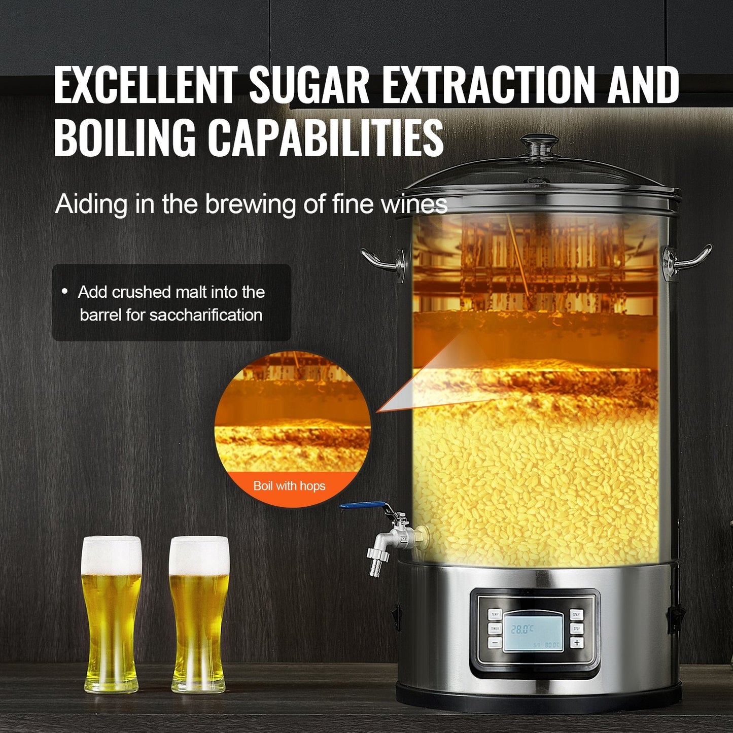 Electric Home Beer Brewer, 30-Liter Stainless Steel Pot with Control Panel