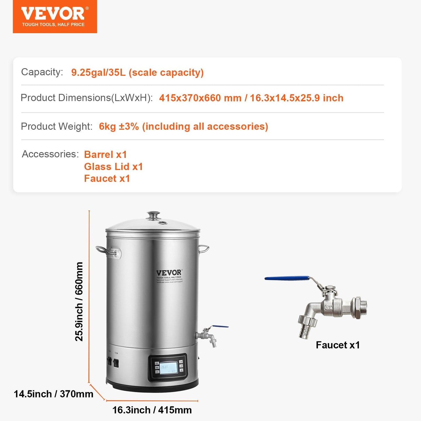 Electric Home Beer Brewer, 30-Liter Stainless Steel Pot with Control Panel