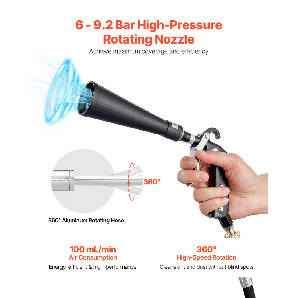 VEVOR Car Cleaning Gun 6-9.2 Bar High-Pressure Air Blow Gun 2 Nozzles Blast Dirt