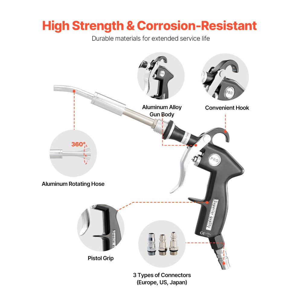 VEVOR Car Cleaning Gun 6-9.2 Bar High-Pressure Air Blow Gun 2 Nozzles Blast Dirt