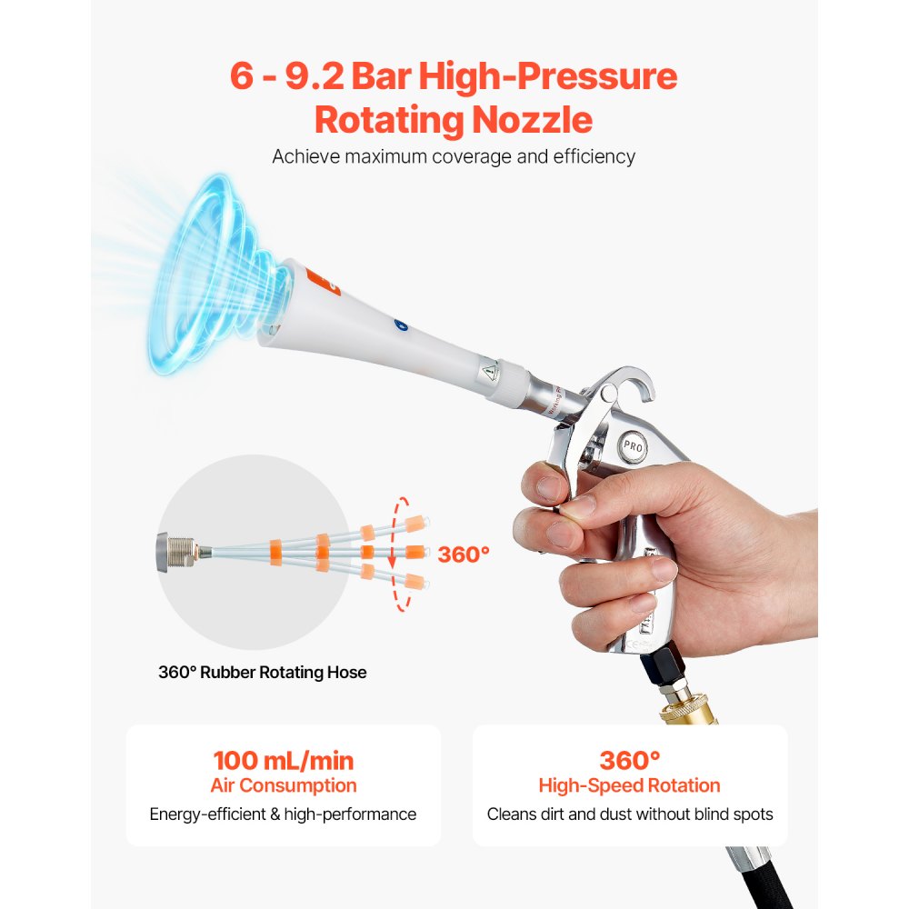 VEVOR Car Cleaning Gun 6-9.2 Bar High-Pressure Air Blow Gun 2 Nozzles Blast Dust
