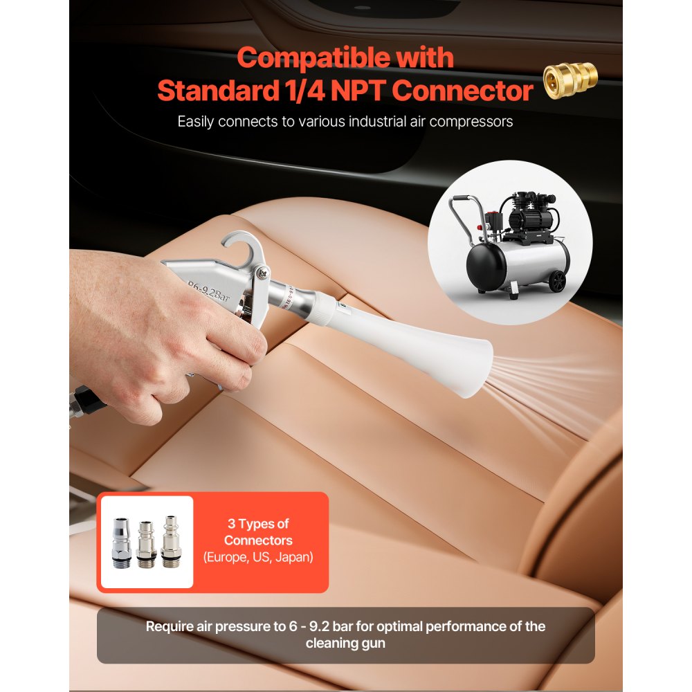 VEVOR Car Cleaning Gun 6-9.2 Bar High-Pressure Air Blow Gun 2 Nozzles Blast Dust