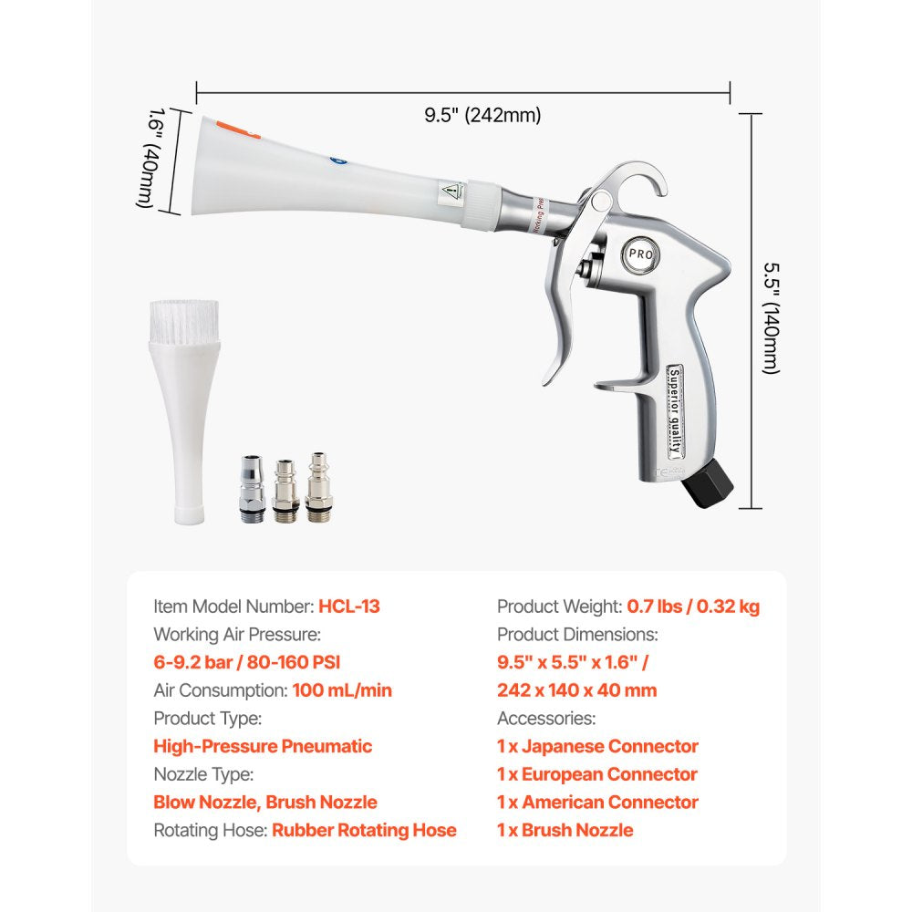 VEVOR Car Cleaning Gun 6-9.2 Bar High-Pressure Air Blow Gun 2 Nozzles Blast Dust