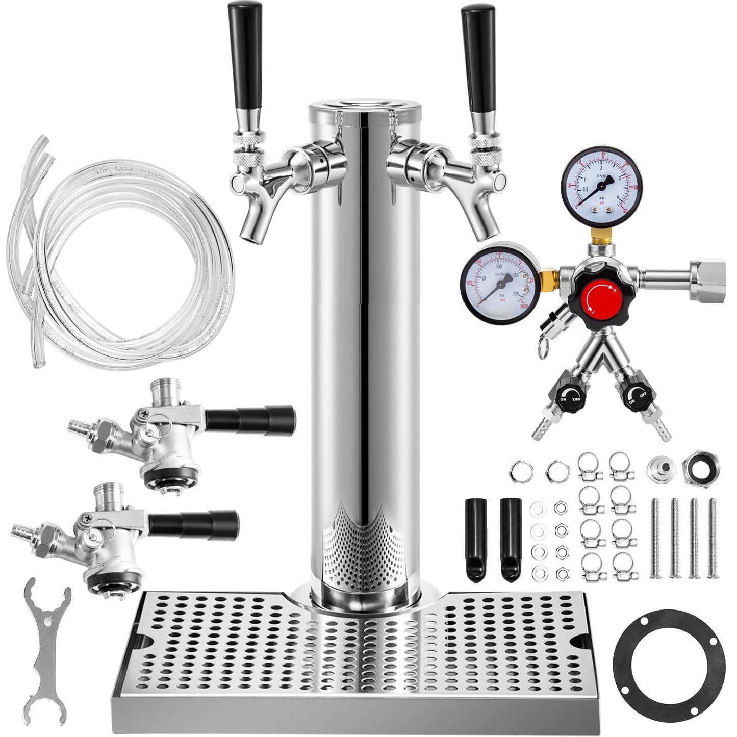 Double Tap Beer Tower Kit with Dual Gauge Regulator & Keg Coupler, No Tank Needed
