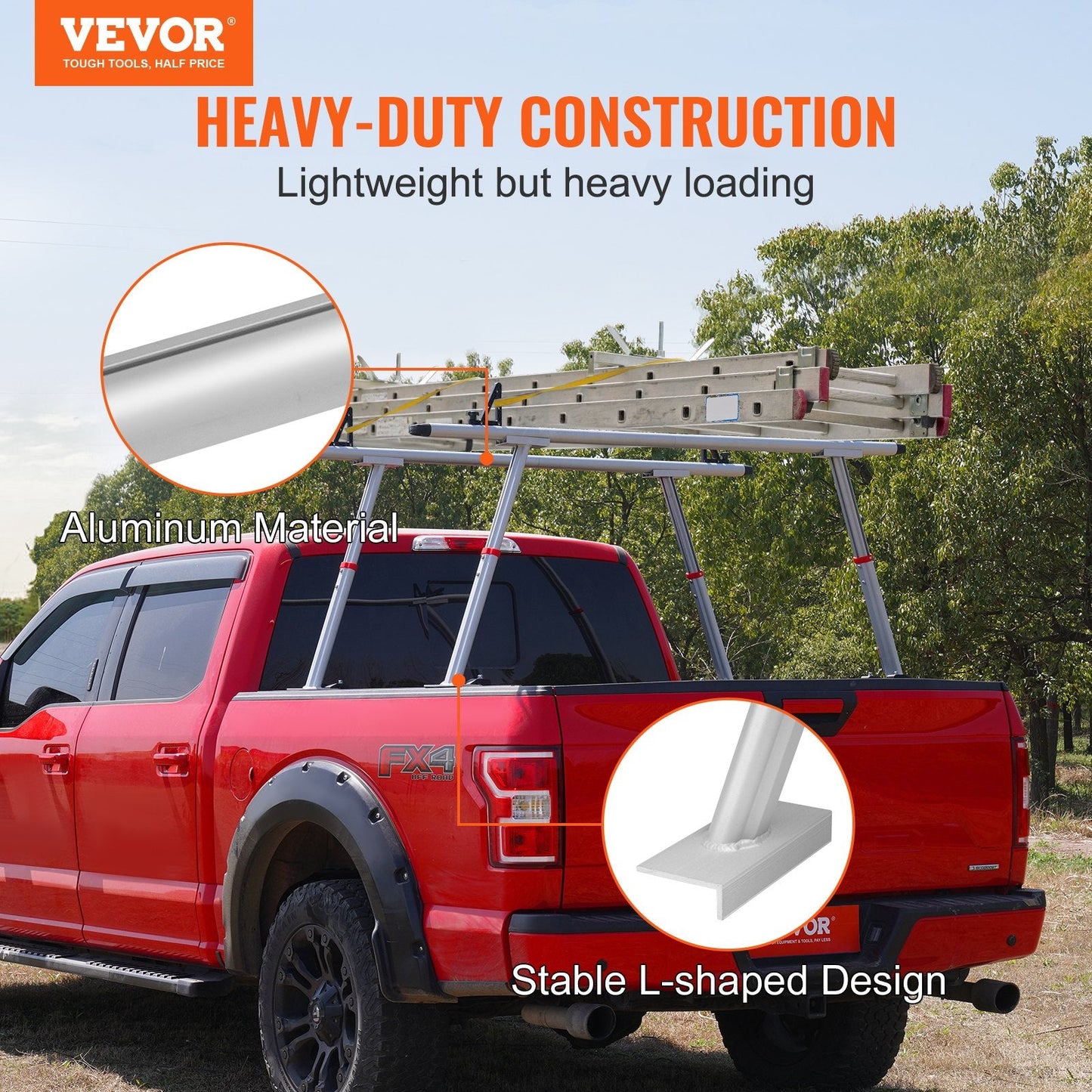 Adjustable Aluminum Truck Rack, 363 kg Capacity, 0.5-0.9m Height, No Drilling Needed
