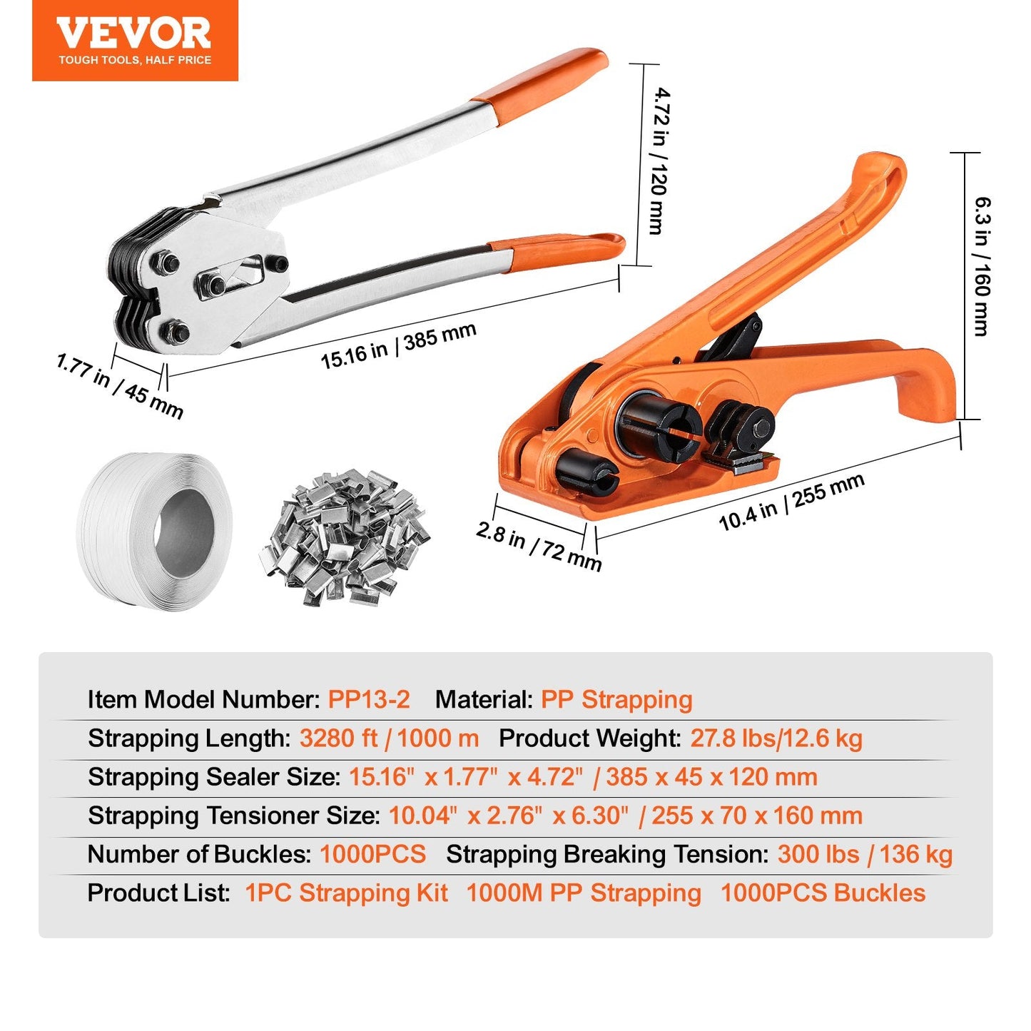 Packaging strap kit includes 1000 buckles for securing boxes, pallets, pipes, and materials