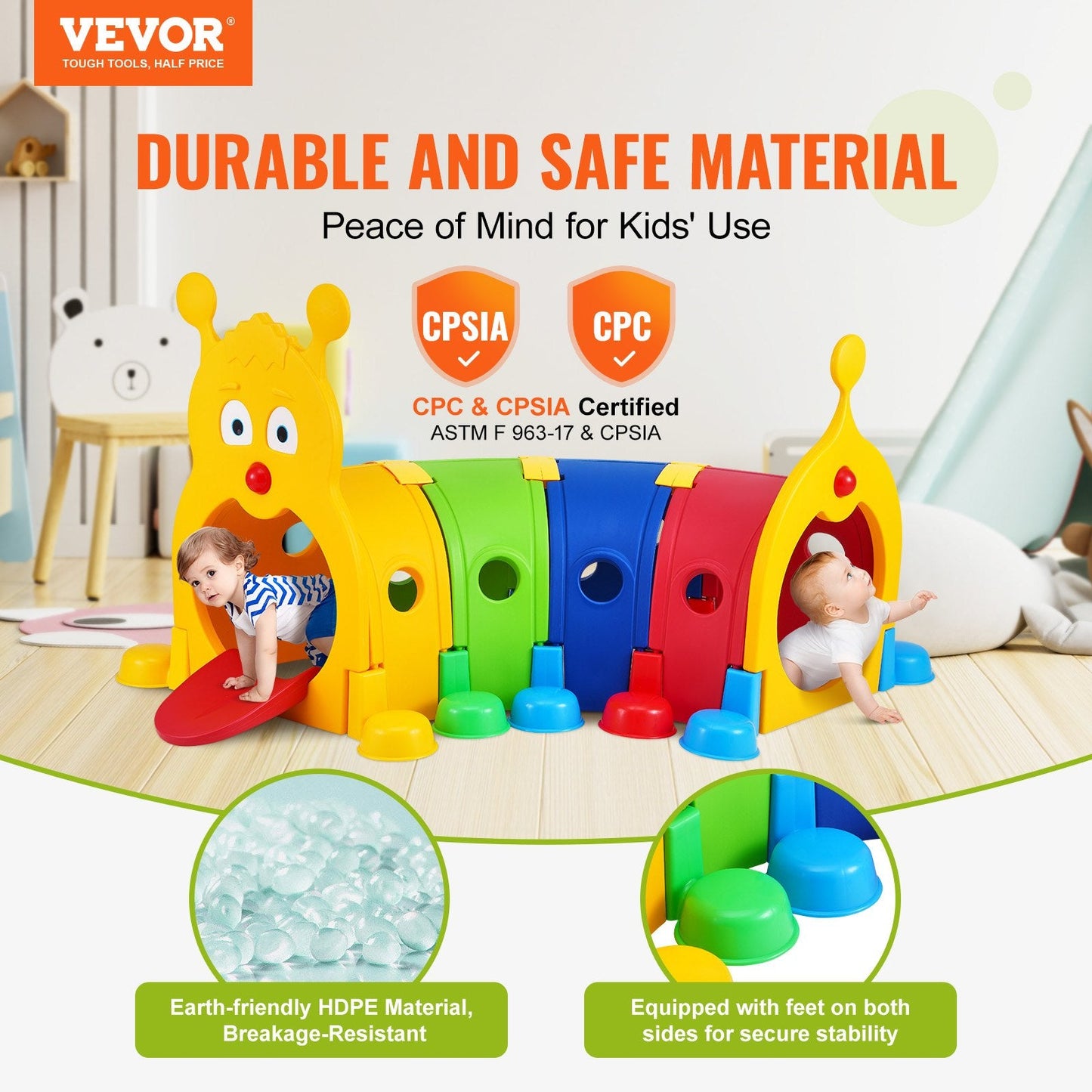 Colorful Caterpillar Tunnel Play Equipment for Kids, Indoor/Outdoor, 3+ Years