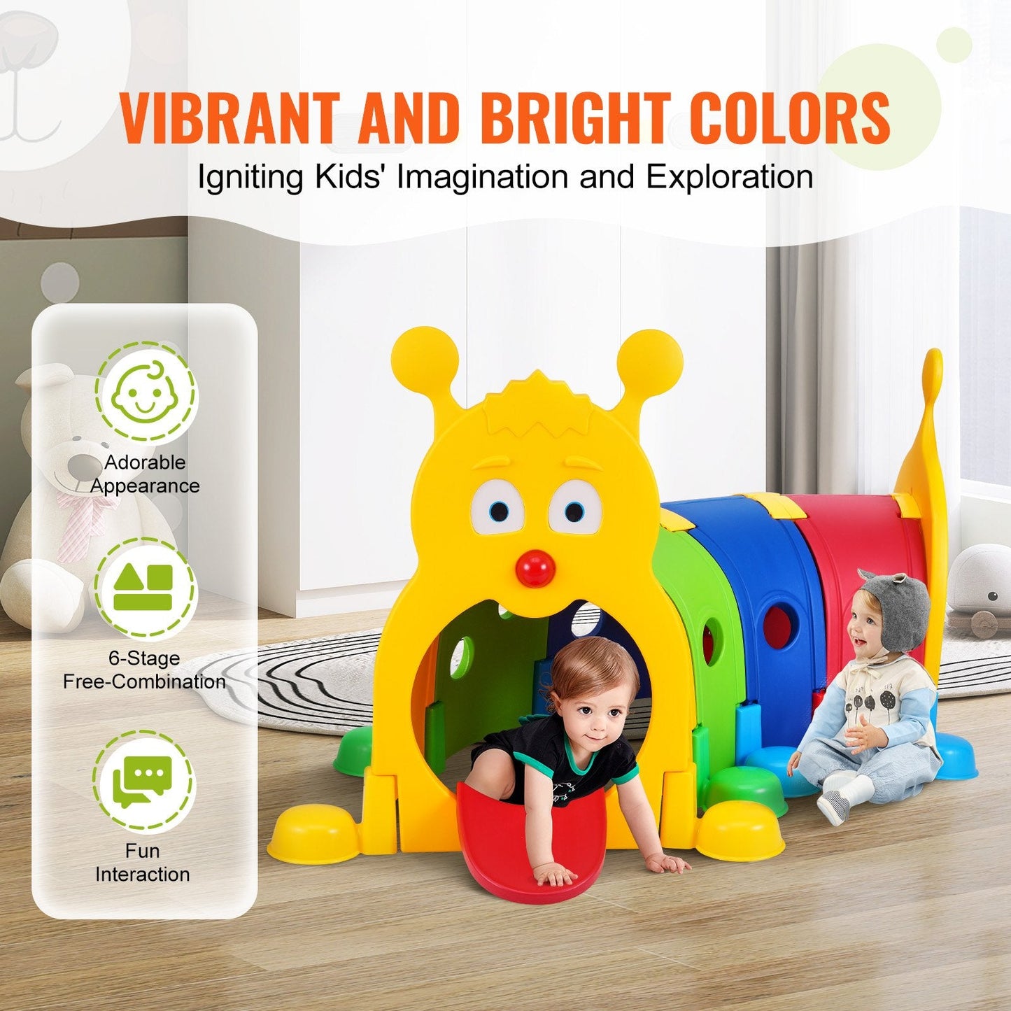Colorful Caterpillar Tunnel Play Equipment for Kids, Indoor/Outdoor, 3+ Years