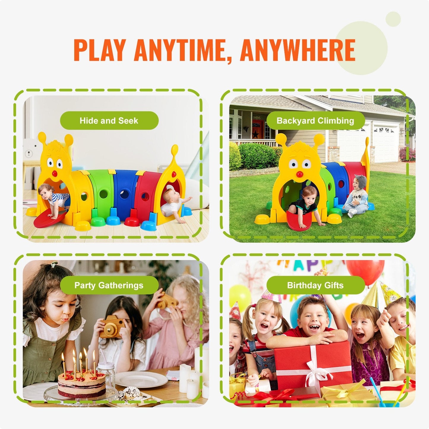 Colorful Caterpillar Tunnel Play Equipment for Kids, Indoor/Outdoor, 3+ Years