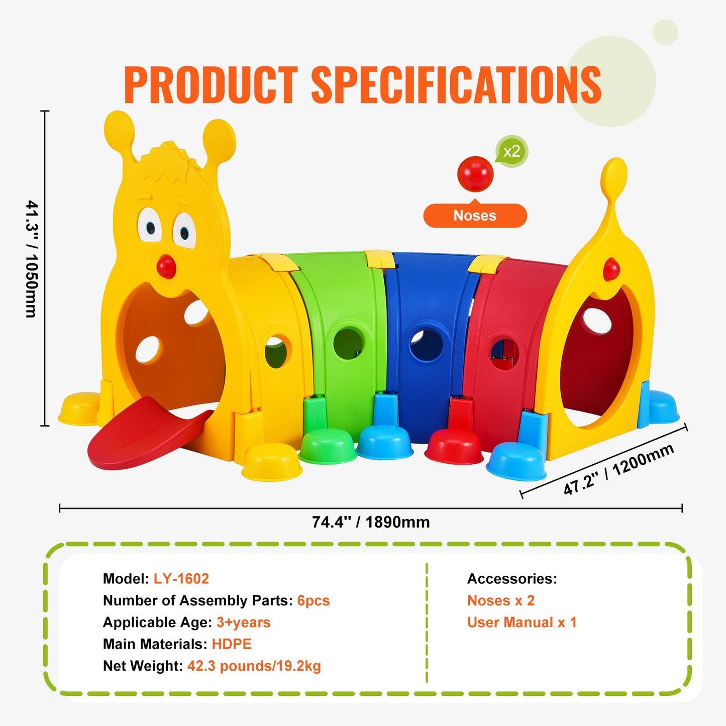 Colorful Caterpillar Tunnel Play Equipment for Kids, Indoor/Outdoor, 3+ Years