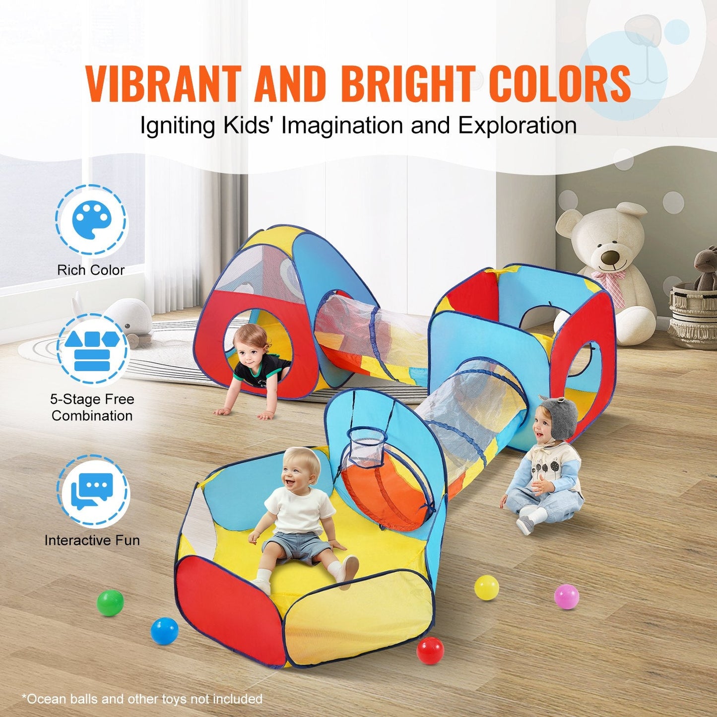 5-in-1 Kids Play Tent Set with Tunnel & Basketball Hoop, Indoor/Outdoor Fun