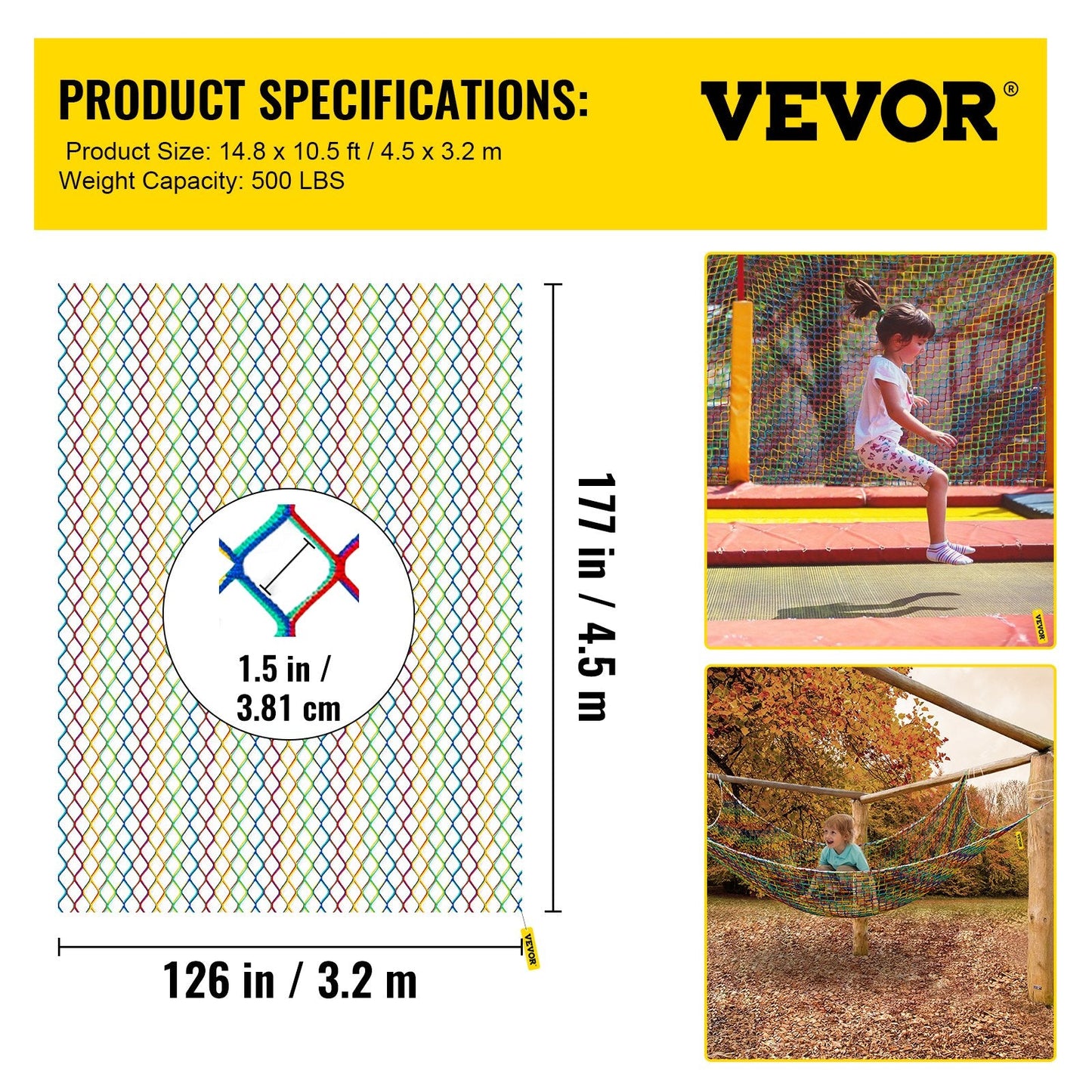 Durable 4.5 x 3.2 m Rainbow Cargo Net for Outdoor Playgrounds, 227 kg Capacity