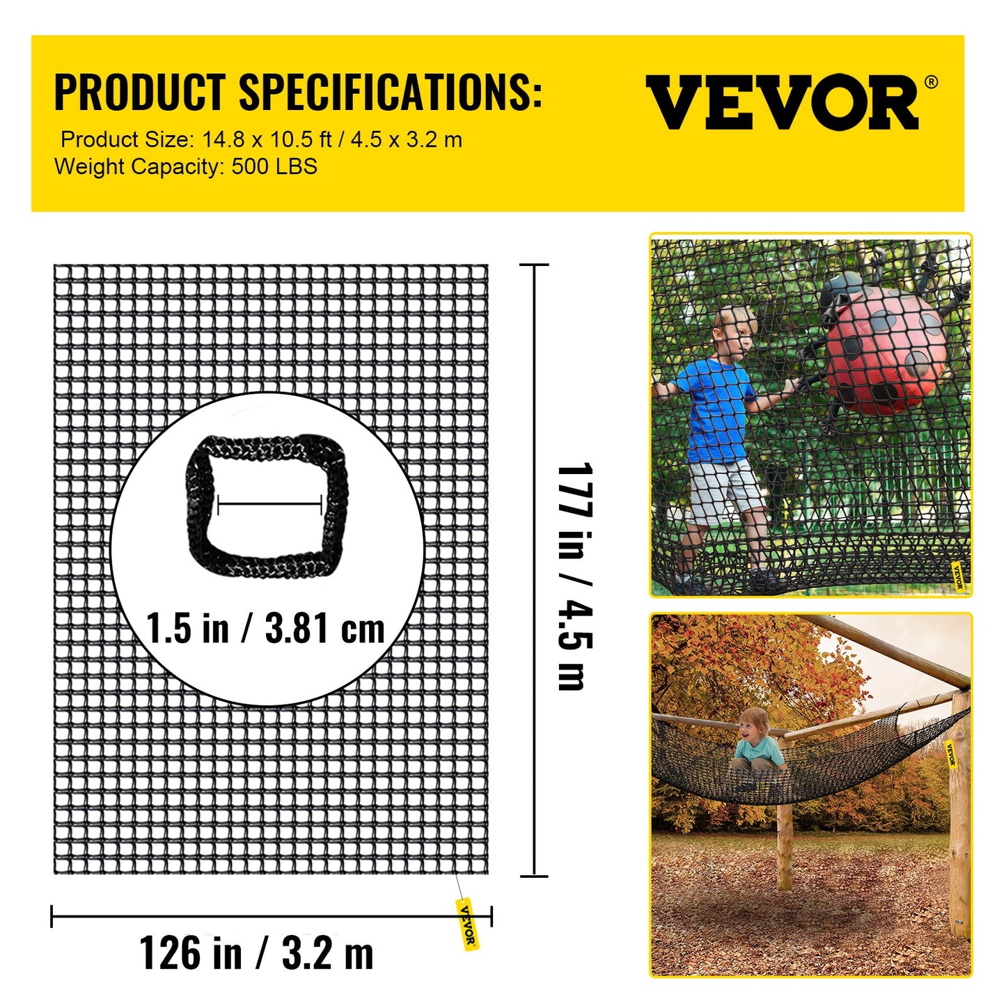 VEVOR Climbing Cargo Net, 4.5 x 3.2 m Playground Climbing Cargo Net, Polyester Double