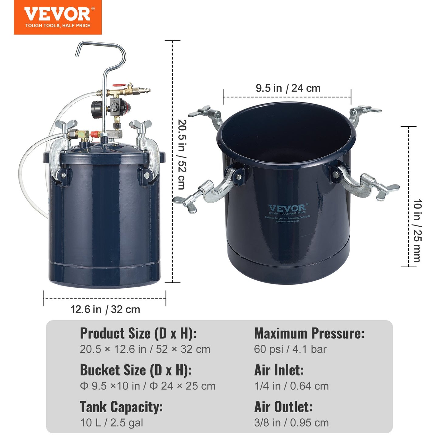 VEVOR Spray Paint Pressure Pot Tank, 10L/2.5gal Air Paint Pressure Pot, 1.5mm+4mm