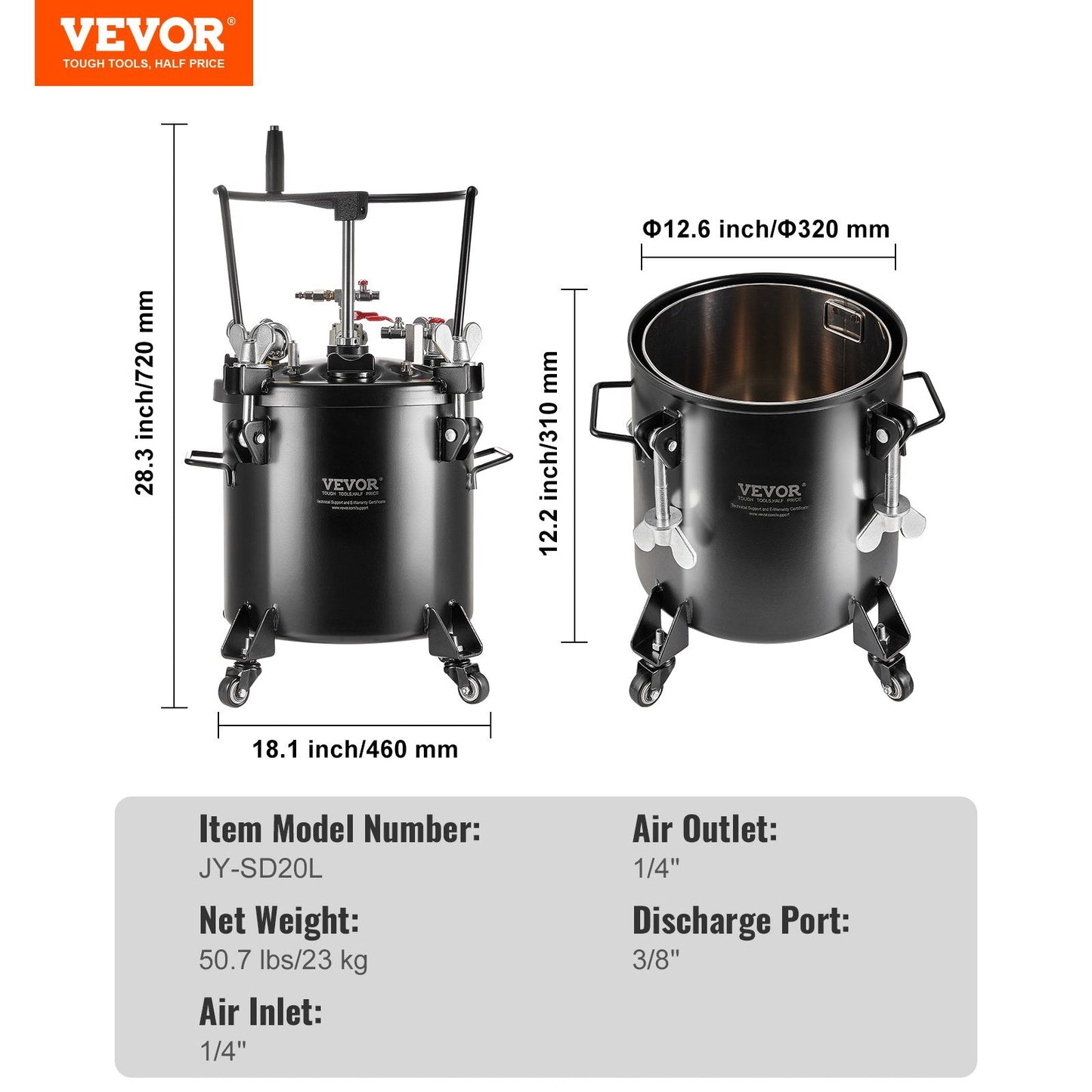 20L Spray Paint Pressure Pot with Casters and Leak Repair Sealant, 23 kg Capacity