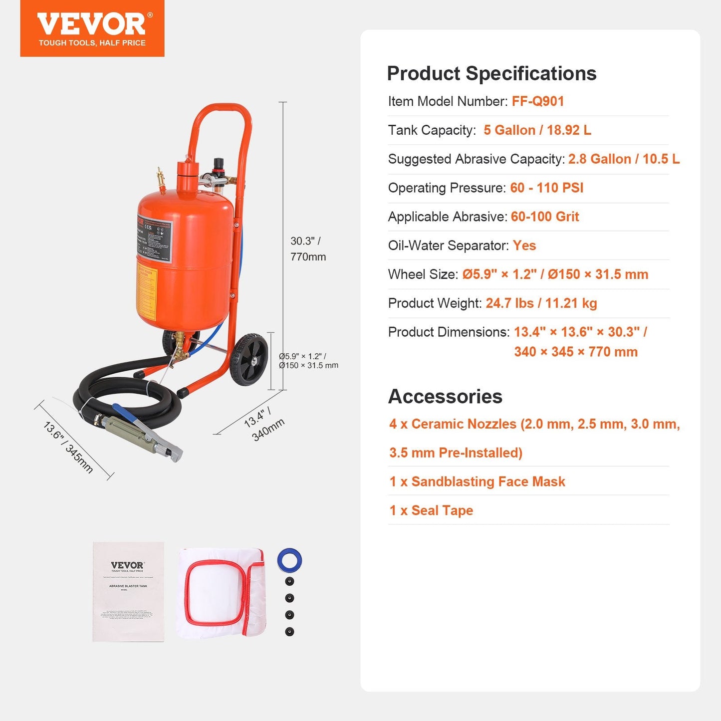 5 Gallon High-Pressure Sandblaster with 4 Nozzles and Face Mask, 60-110 PSI