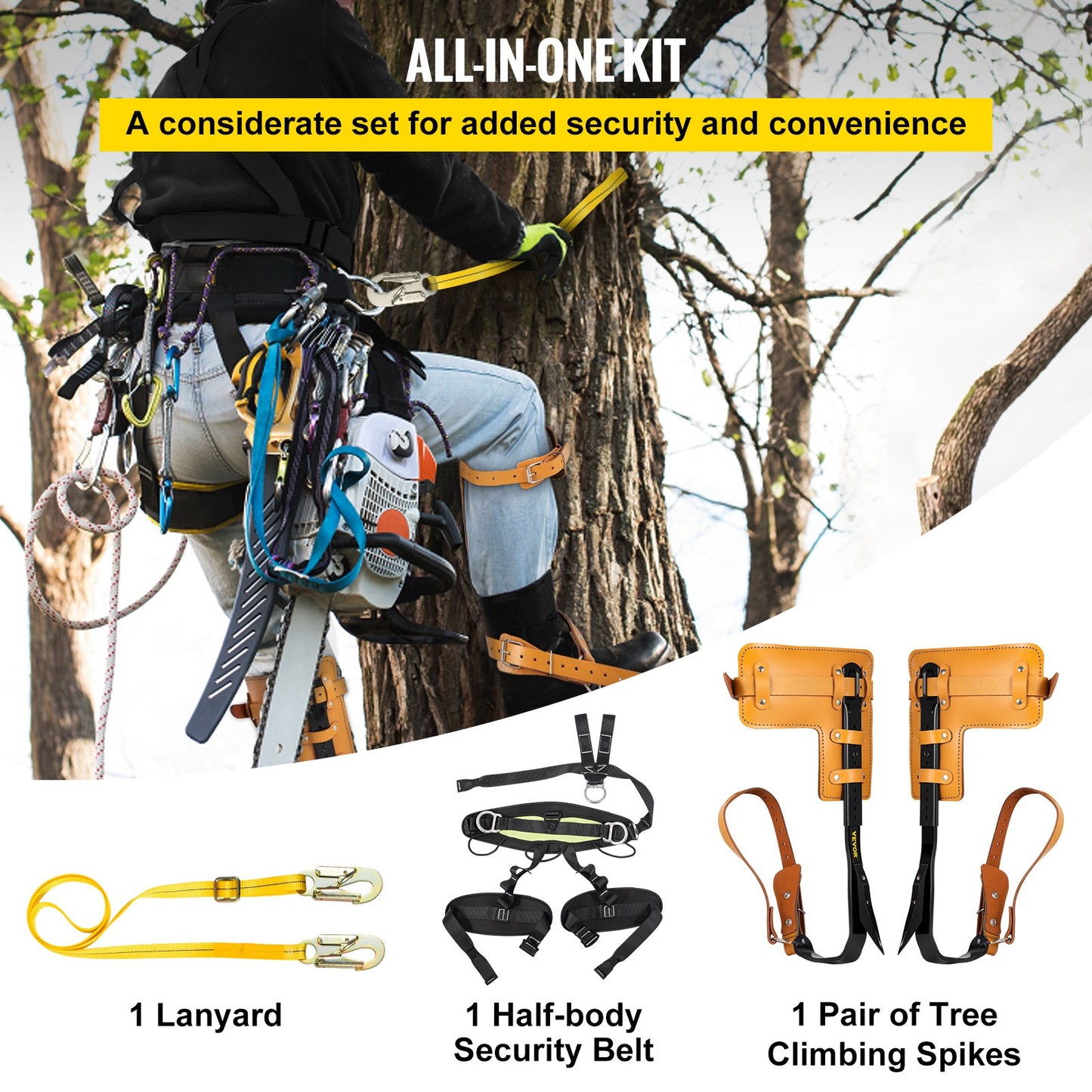 VEVOR Tree Climbing Spike Set Pole Climbing Spurs W/ Security Lanyard & Harness