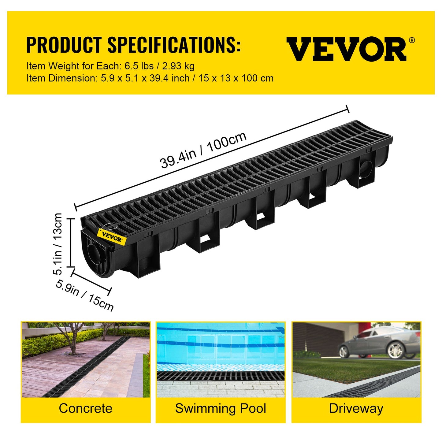 VEVOR Trench Drain System, Channel Drain with Plastic Grate, 150x130MM HDPE Drainage