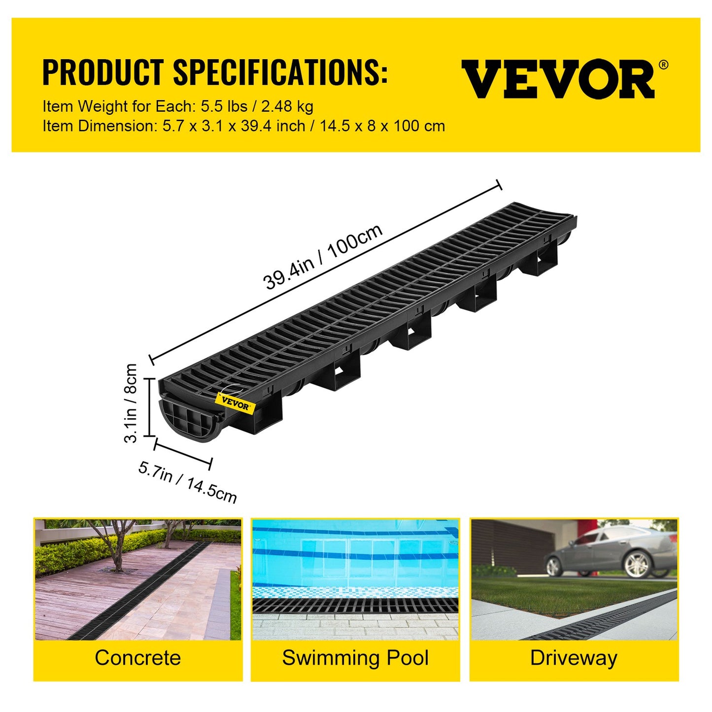 VEVOR Trench Drain System, Channel Drain with Plastic Grate, 145x79MM HDPE Drainage