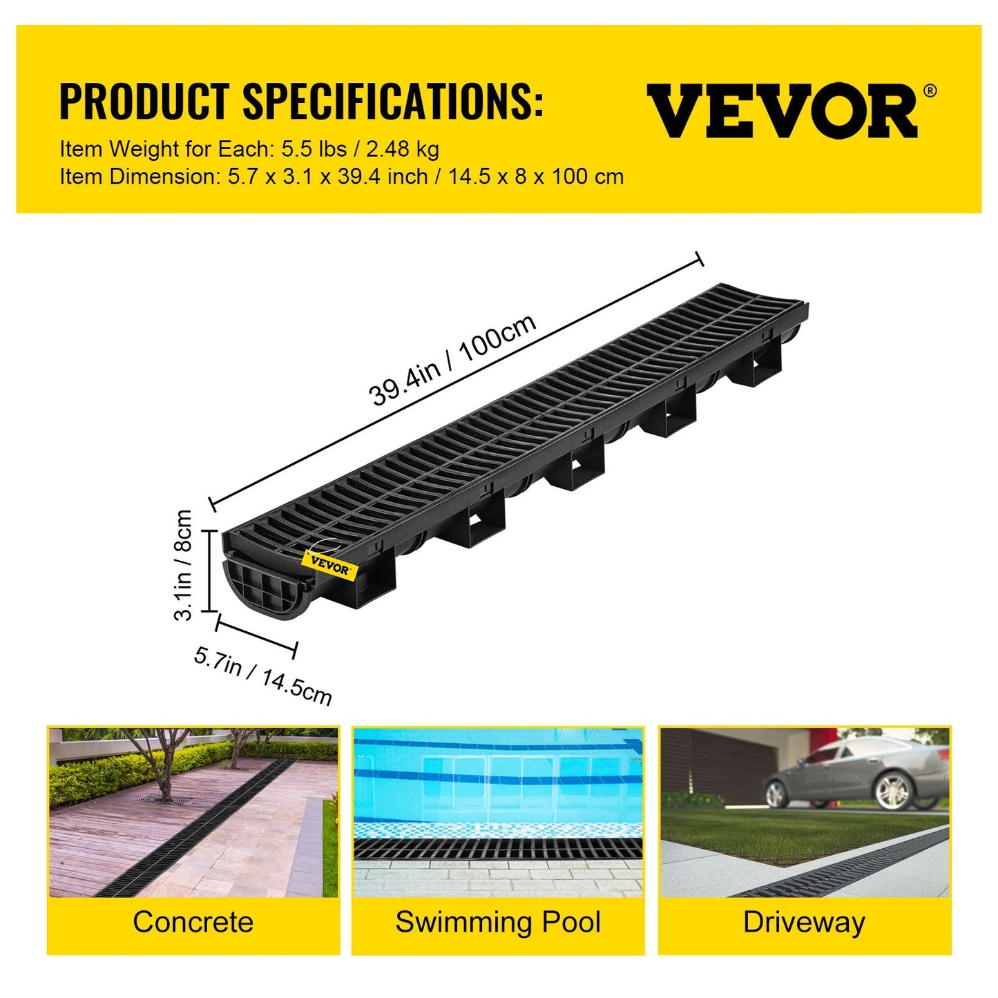 Driveway Channel Drain Kit with Plastic Grate, Easy Install, 5 Pack, HDPE Material