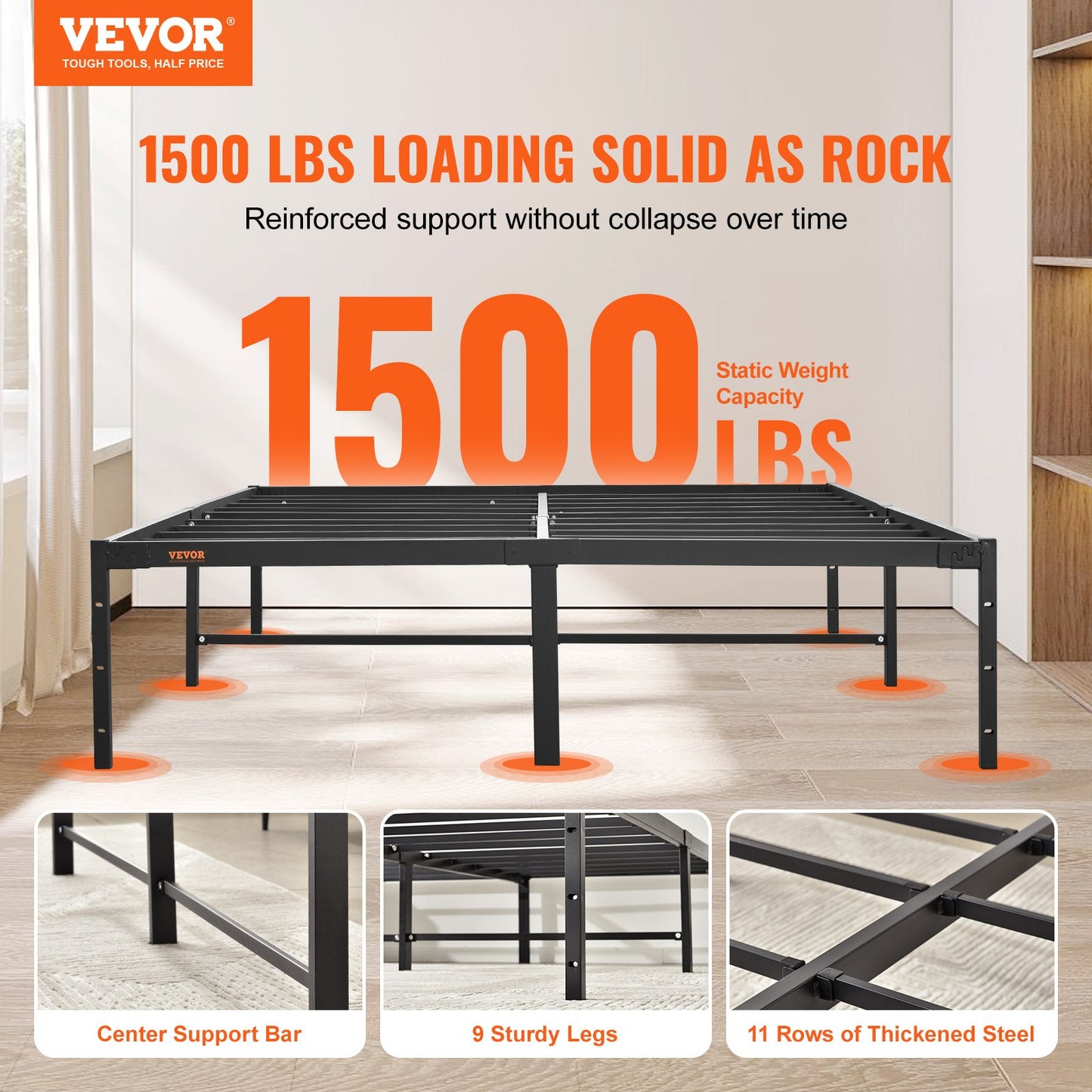 VEVOR Full Size Bed Frame, 14 inch Metal Bed Frame Platform, 1500 lbs Loading Capacity