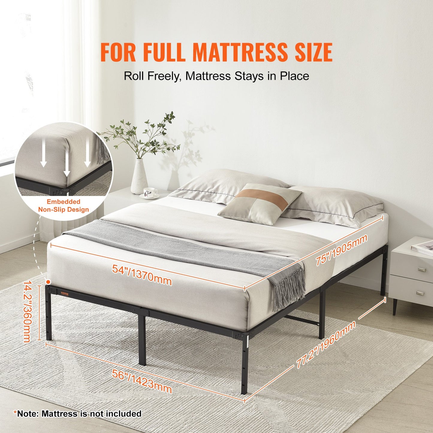 VEVOR Full Size Bed Frame, 14 inch Metal Bed Frame Platform, 1500 lbs Loading Capacity