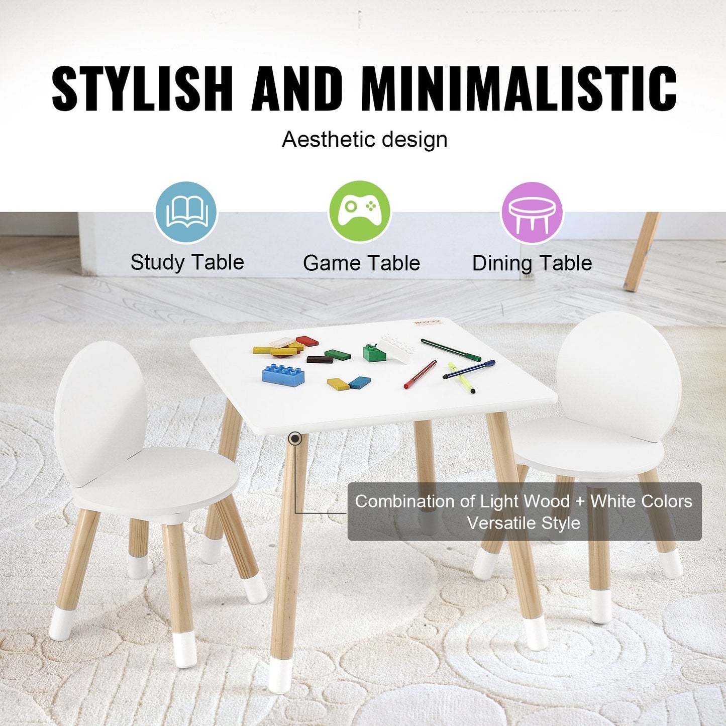 Kids Multi-Activity Table & 2 Chairs Set, 0.5m Tabletop for Ages 2-8, Easy Assembly