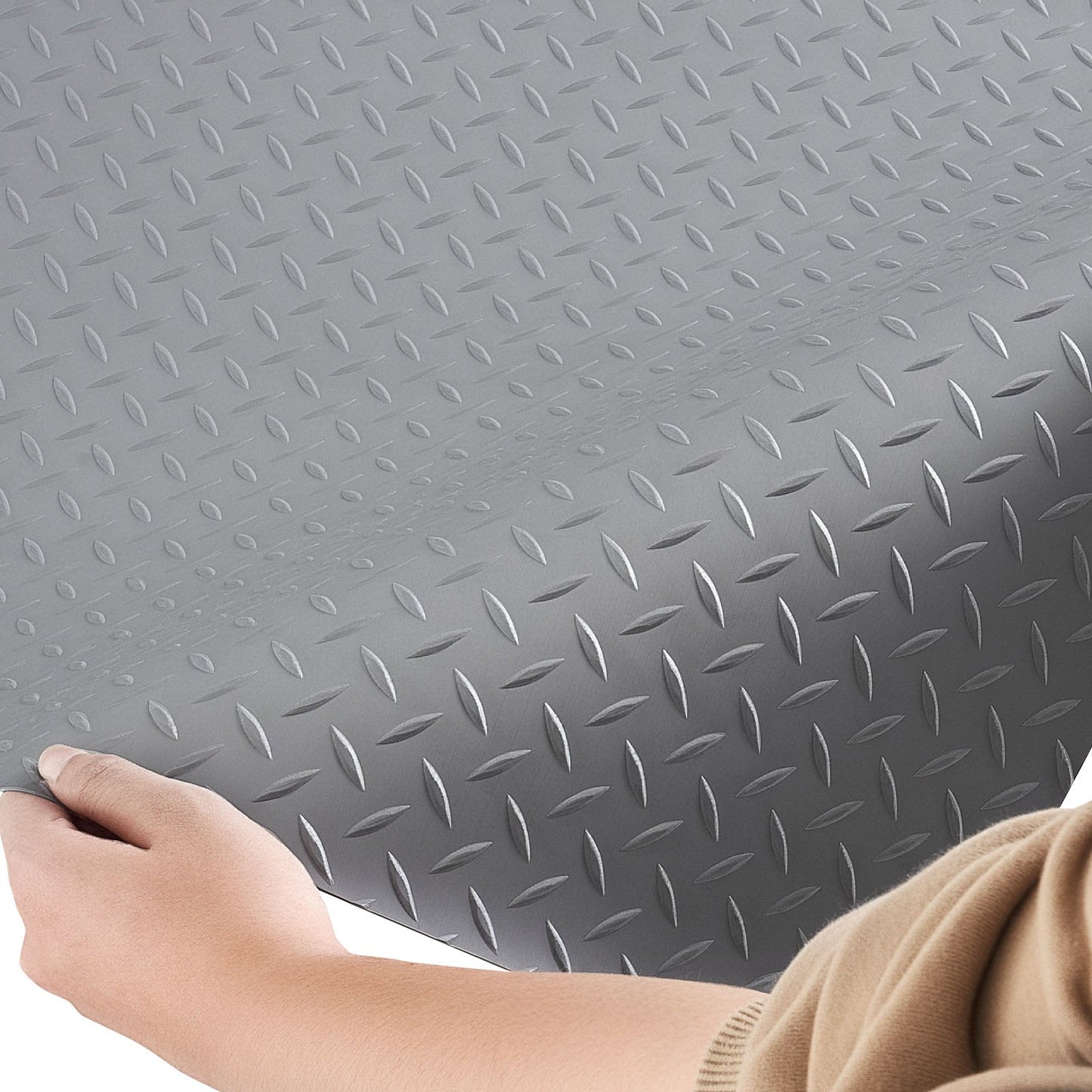 Garage Floor Roll, 2.28 x 6.1 m Garage Flooring Mat, 2.2 mm Thickened PVC Diamond Plate Floor Protector Mat with Double-sided Tape, Non-Slip, Easy to Clean for Warehouse, Gyms, Silver Gray