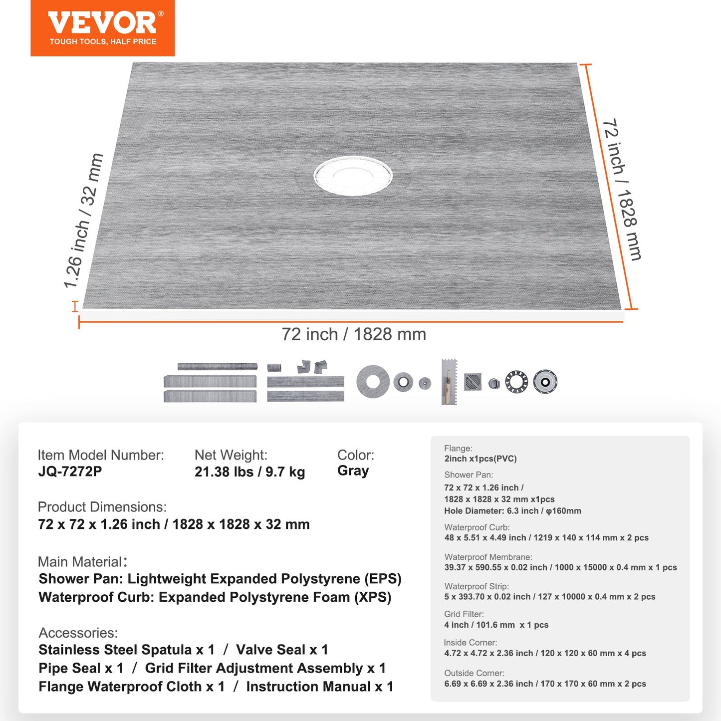 VEVOR Shower Curb Kit, 1828x1828mm Shower Pan Kit with 50.8mm PVC Central Flange,