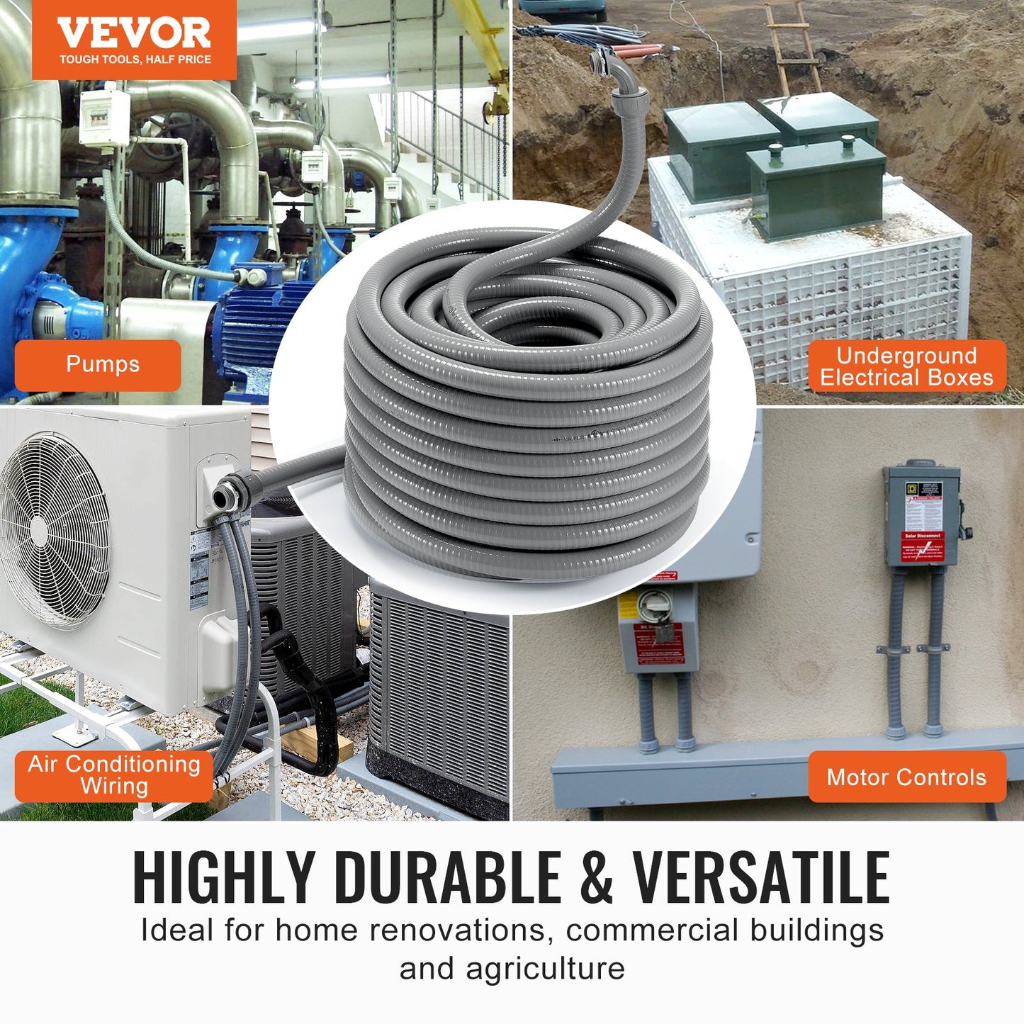 VEVOR 19.1 mm Flexible Electrical Conduit, 30.5 m, PVC Liquid-Tight Conduit Non-Metallic